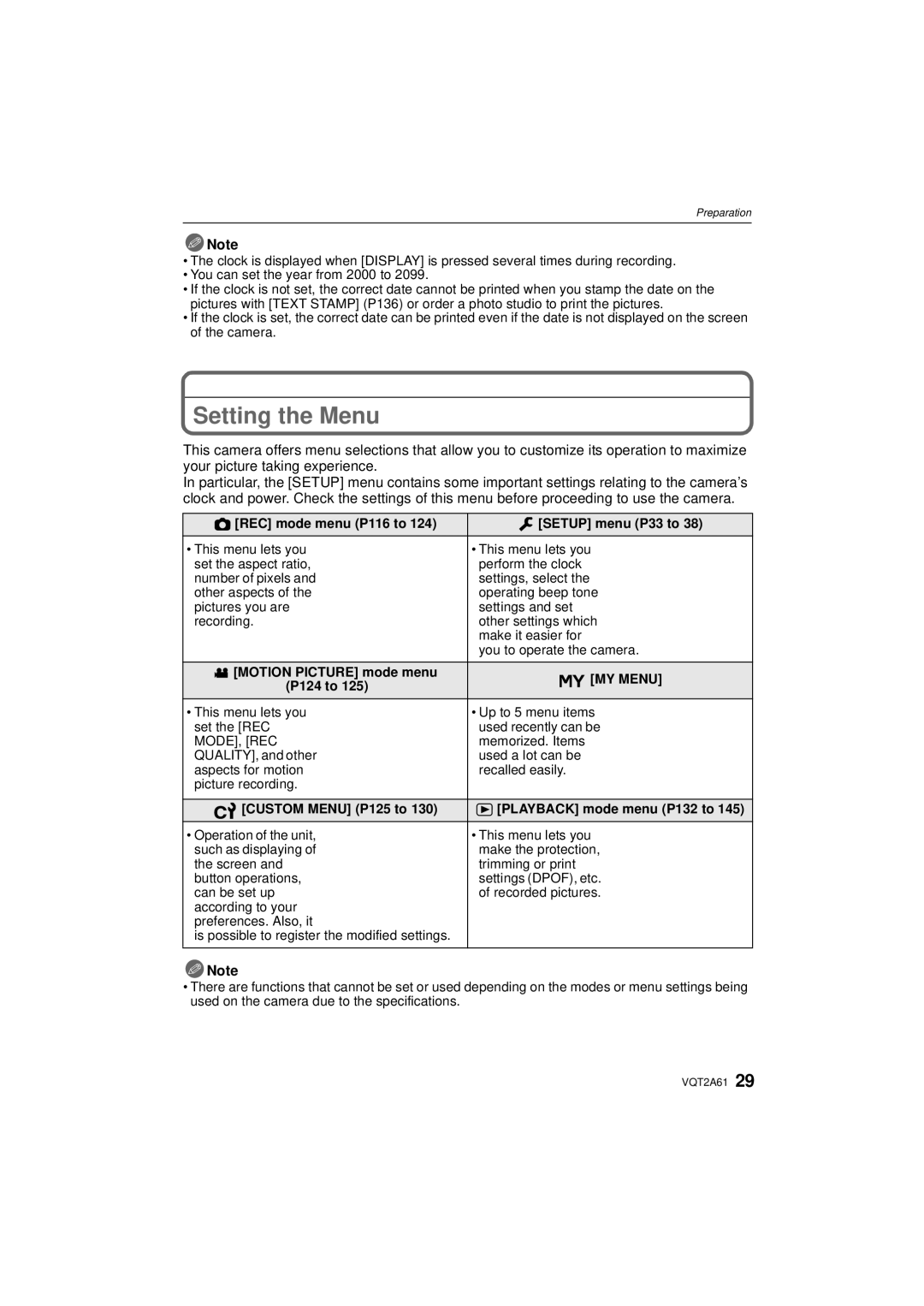 Panasonic DMC-GH1K Setting the Menu, REC mode menu P116 to Setup menu P33 to, Motion Picture mode menu, P124 to 