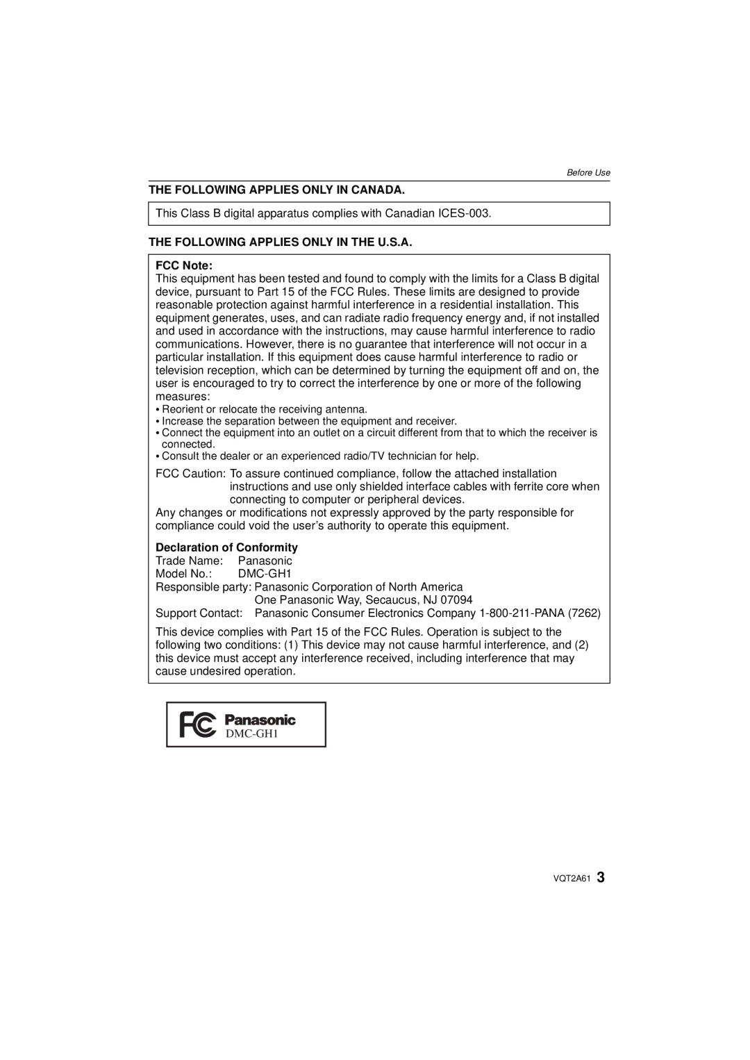 Panasonic DMC-GH1K Following Applies only in Canada, Following Applies only in the U.S.A, FCC Note 