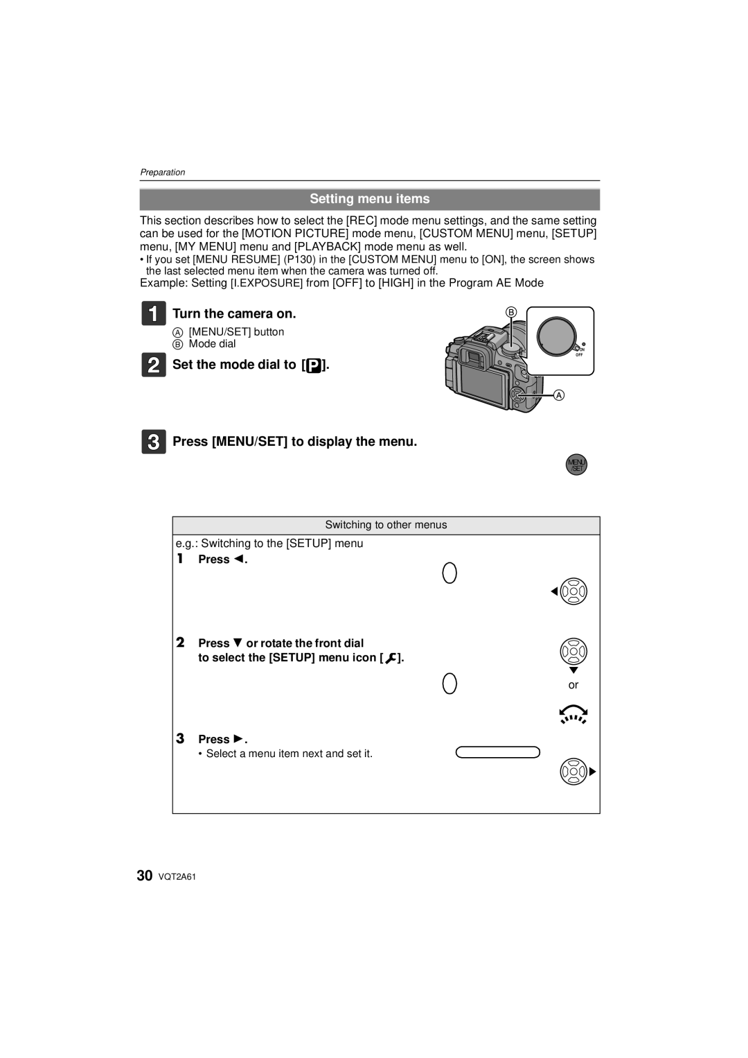 Panasonic DMC-GH1K operating instructions Setting menu items, Set the mode dial to Press MENU/SET to display the menu 