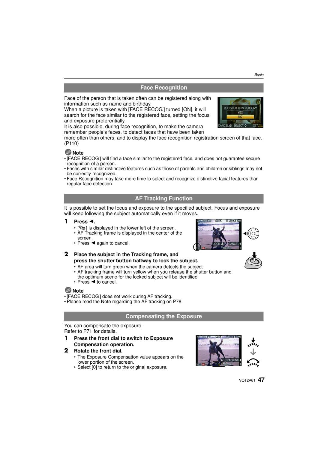 Panasonic DMC-GH1K operating instructions Face Recognition, AF Tracking Function, Compensating the Exposure 