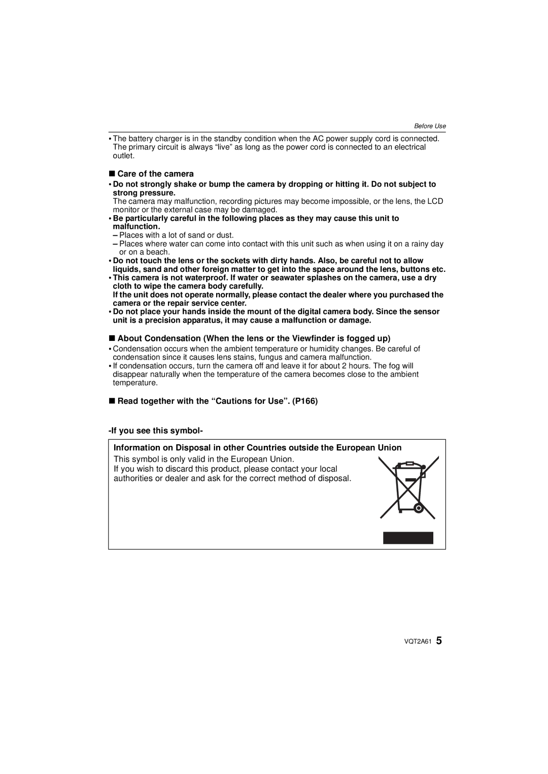 Panasonic DMC-GH1K operating instructions Care of the camera, This symbol is only valid in the European Union 