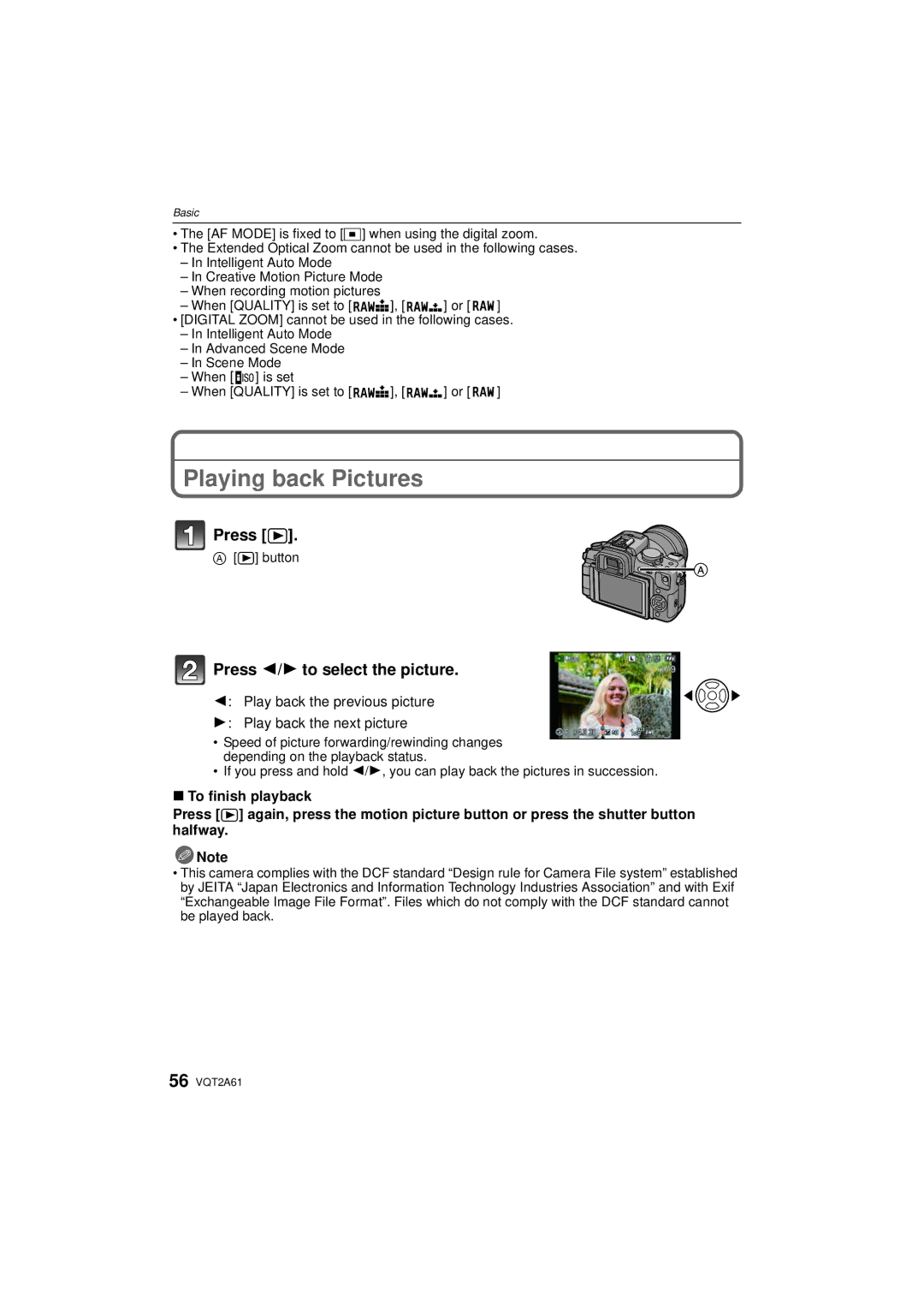 Panasonic DMC-GH1K Playing back Pictures, Press, Play back the previous picture Play back the next picture, Button 