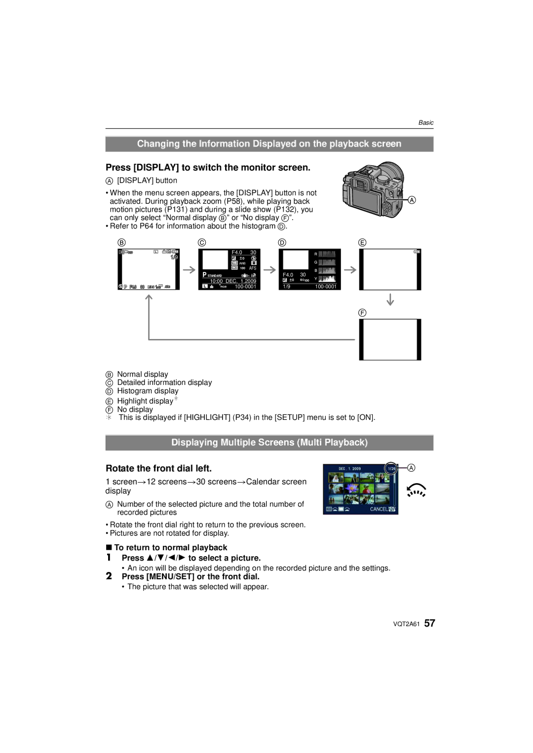 Panasonic DMC-GH1 Changing the Information Displayed on the playback screen, Press Display to switch the monitor screen 