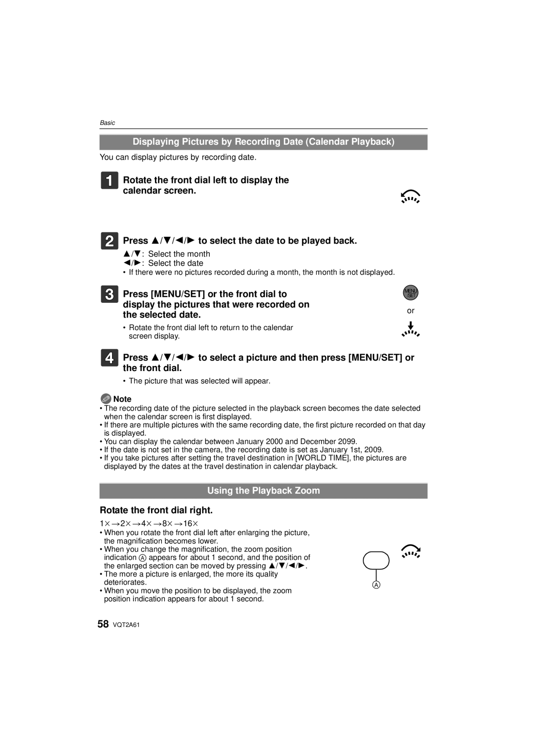 Panasonic DMC-GH1K operating instructions Displaying Pictures by Recording Date Calendar Playback, Using the Playback Zoom 