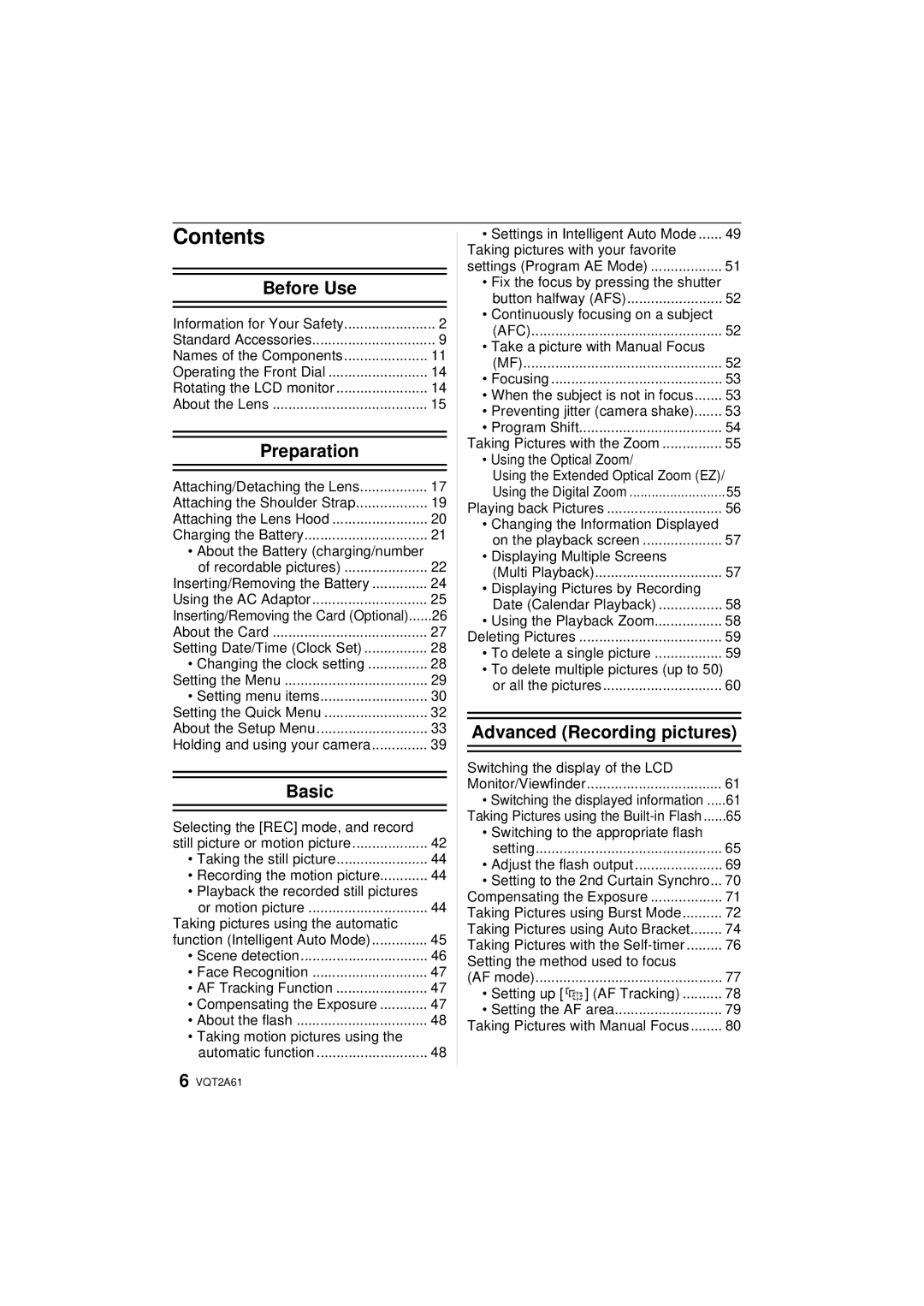 Panasonic DMC-GH1K operating instructions Contents 