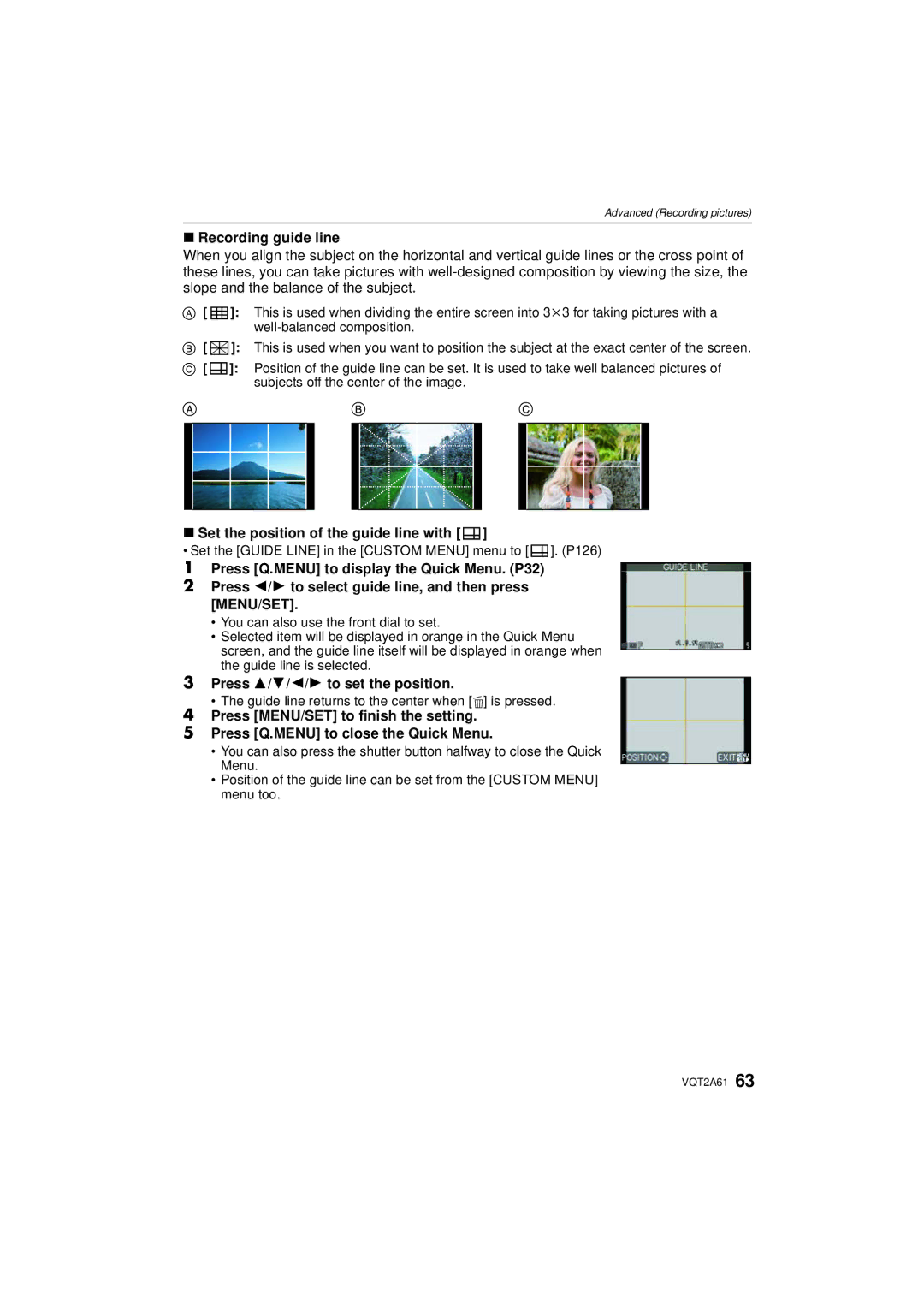 Panasonic DMC-GH1 Recording guide line, Set the position of the guide line with, Press 3/4/2/1 to set the position 