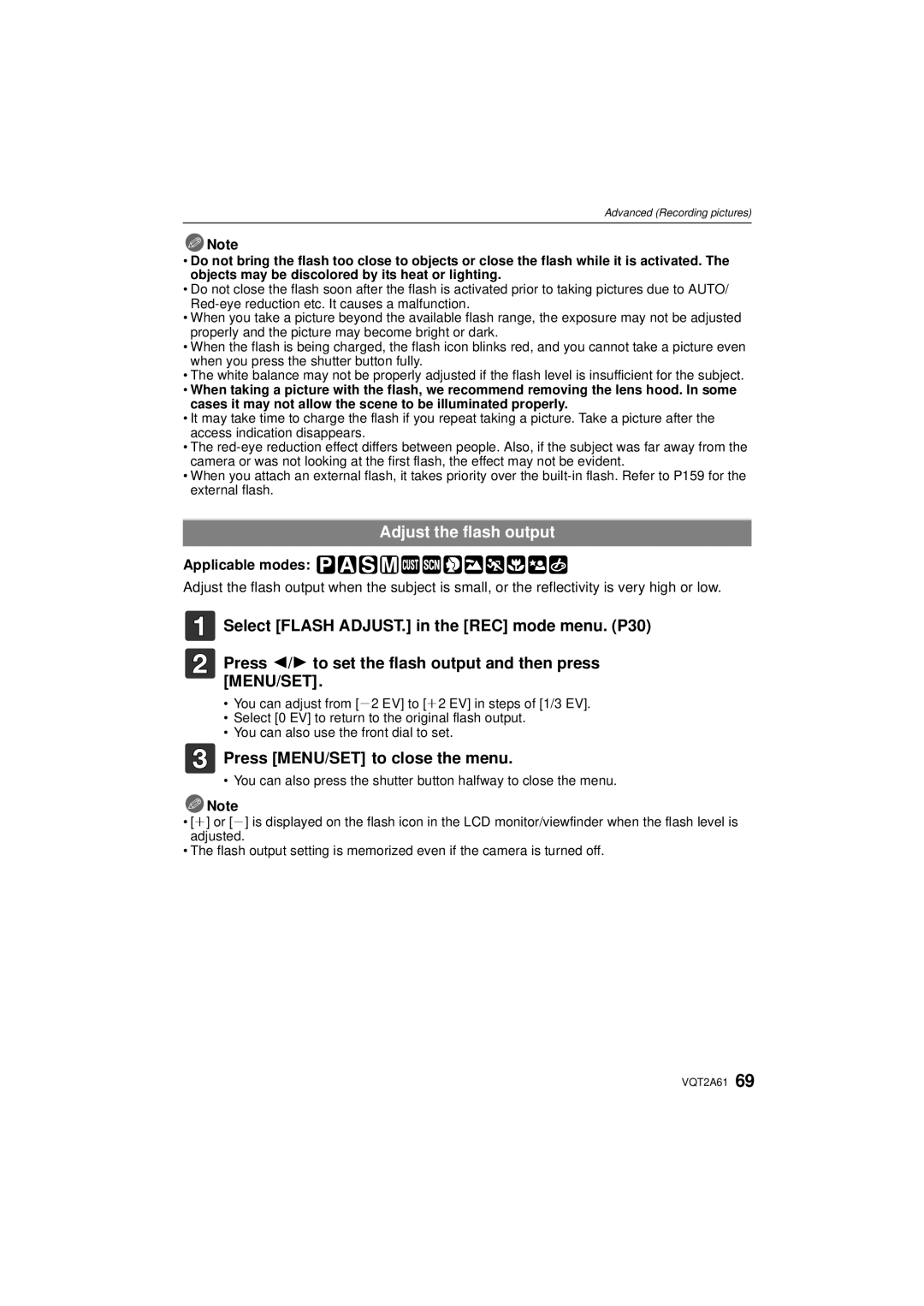 Panasonic DMC-GH1K operating instructions Adjust the flash output, Applicable modes 