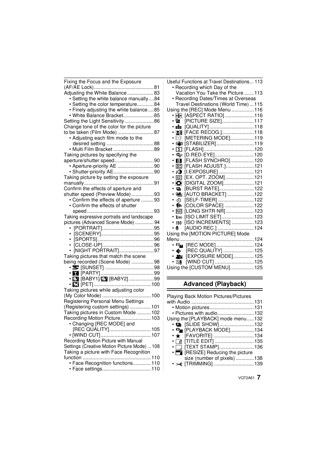 Panasonic DMC-GH1 Fixing the Focus and the Exposure, Adjusting each film mode to, Taking pictures by specifying, 101, 105 