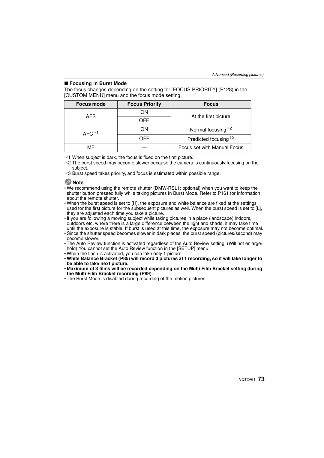 Panasonic DMC-GH1 Focusing in Burst Mode, Focus mode Focus Priority, AFC ¢1 Normal focusing ¢2, Predicted focusing ¢3 