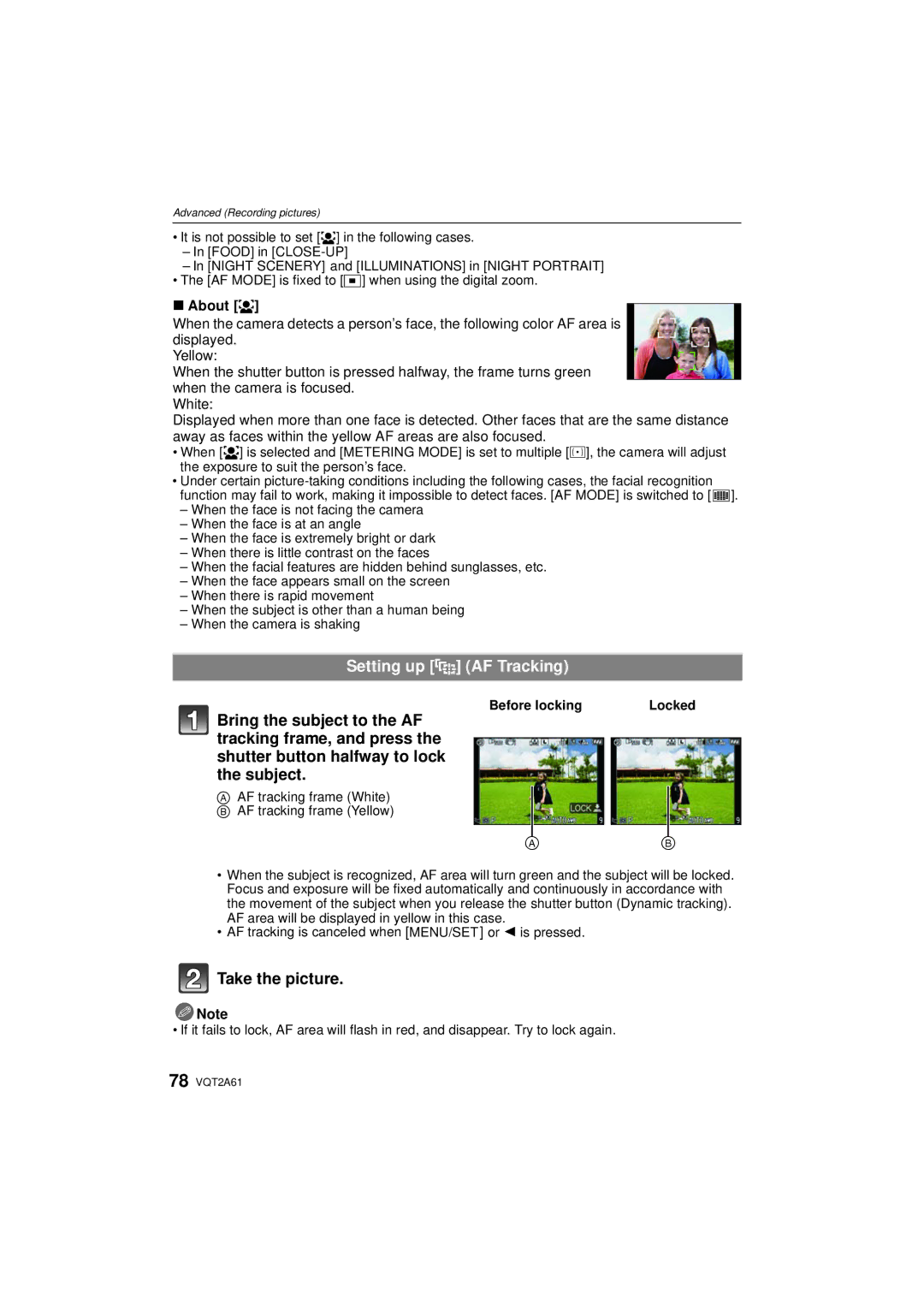 Panasonic DMC-GH1K operating instructions Setting up AF Tracking, Take the picture, About š, Before locking 