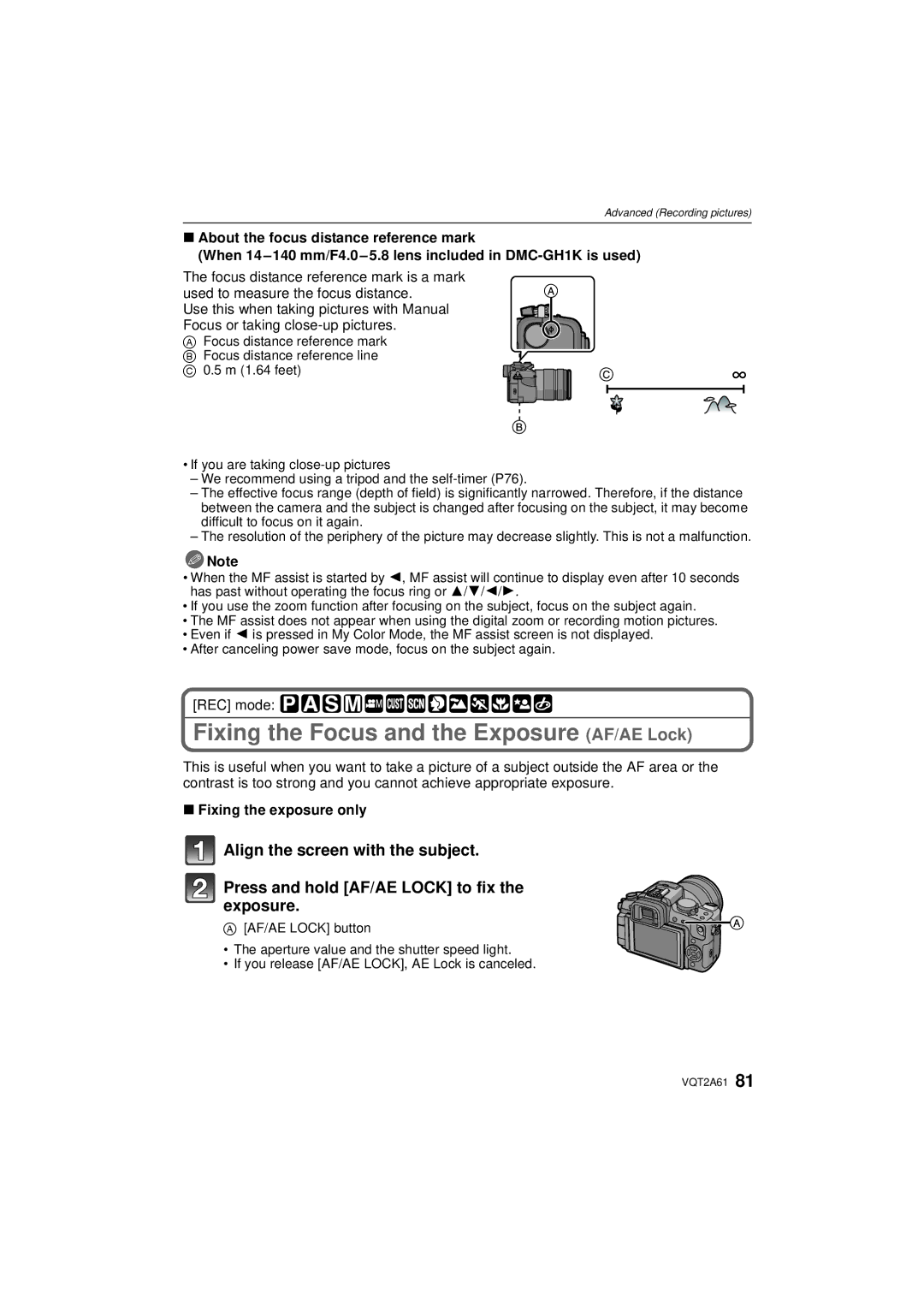 Panasonic DMC-GH1K operating instructions Fixing the Focus and the Exposure AF/AE Lock, Fixing the exposure only 