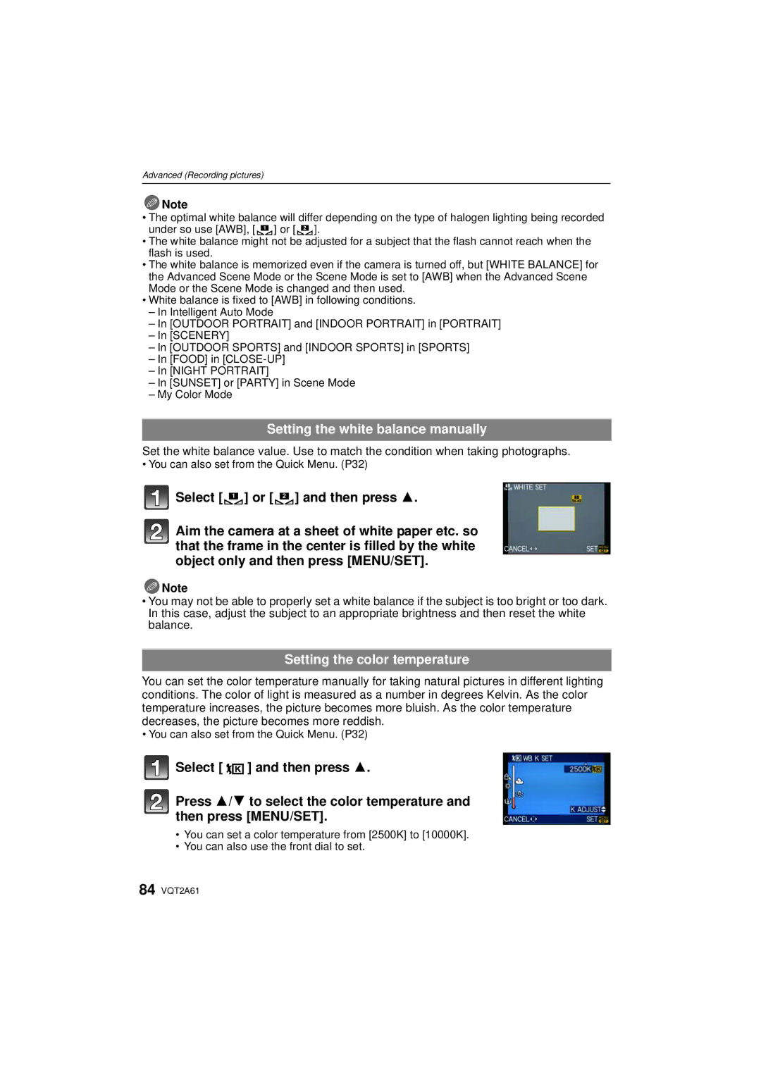 Panasonic DMC-GH1K operating instructions Setting the white balance manually, Setting the color temperature 