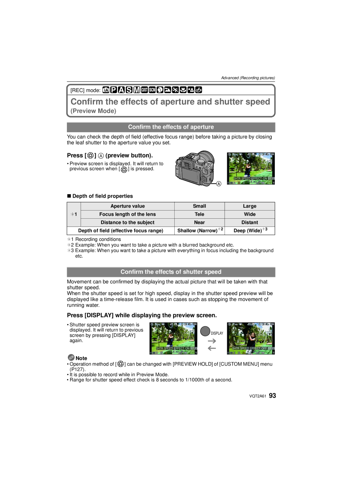 Panasonic DMC-GH1K operating instructions Confirm the effects of aperture and shutter speed, Press a preview button 