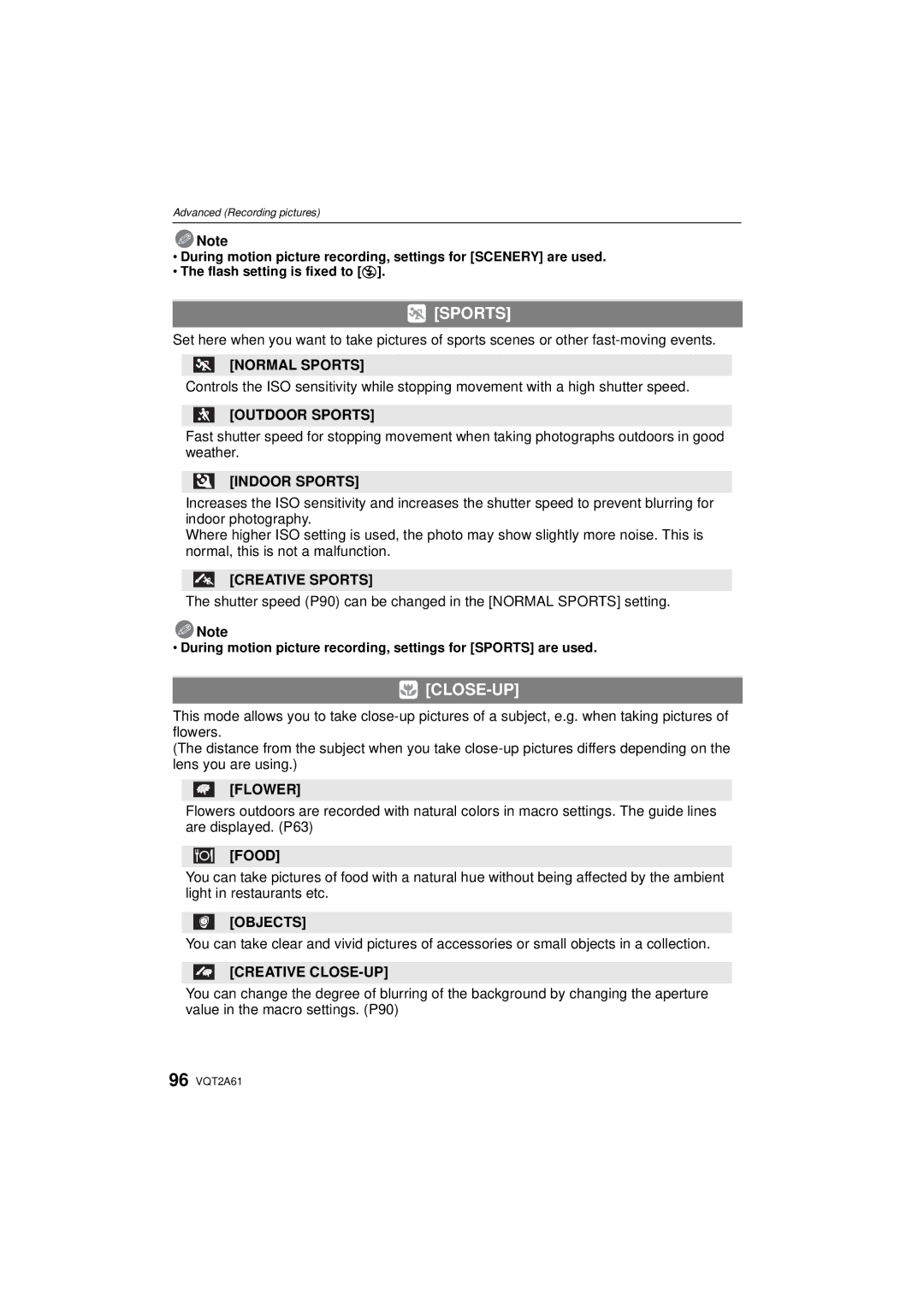 Panasonic DMC-GH1K operating instructions Sports, Close-Up 