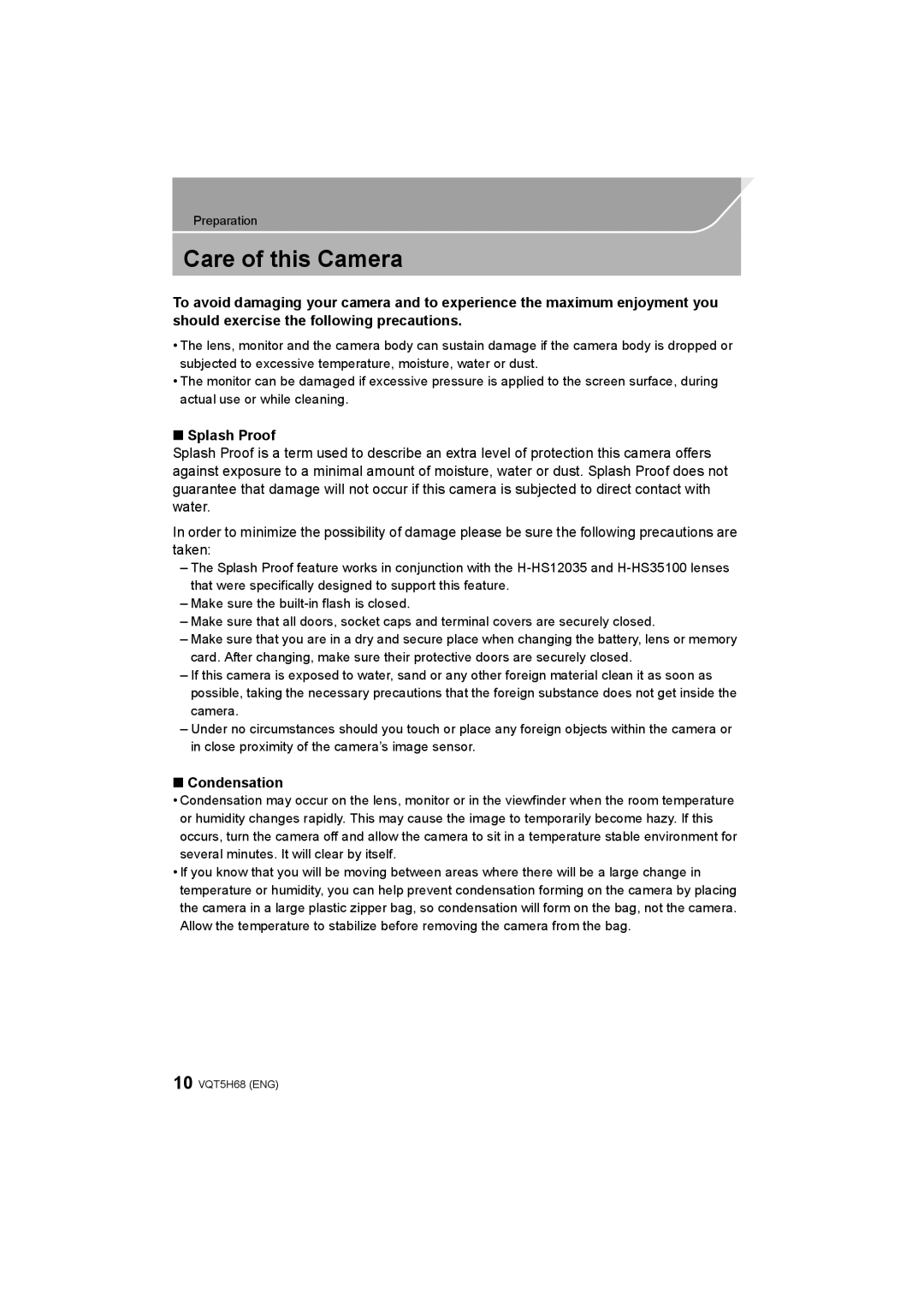 Panasonic DMC-GH4 owner manual Care of this Camera, Splash Proof, Condensation 