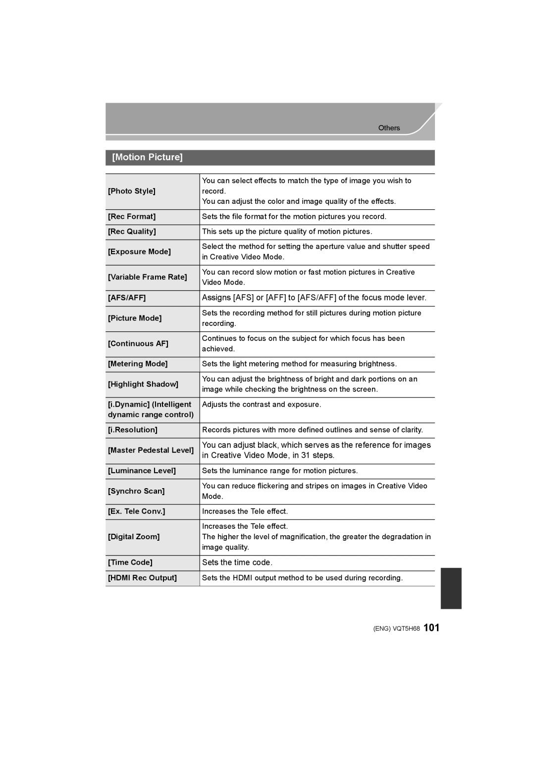 Panasonic DMC-GH4 owner manual Motion Picture, Creative Video Mode, in 31 steps, Sets the time code 