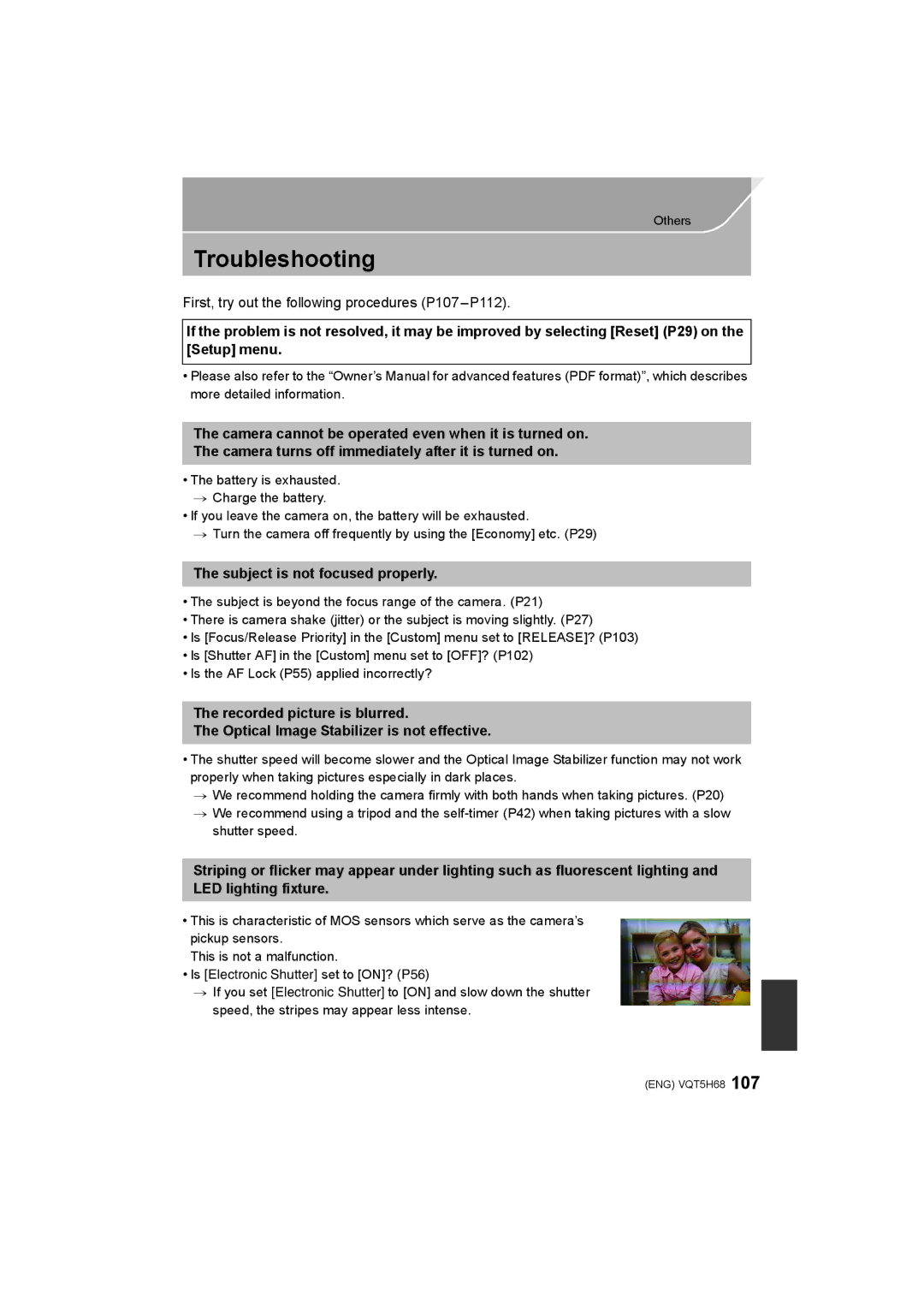 Panasonic DMC-GH4 Troubleshooting, First, try out the following procedures P107 -P112, Subject is not focused properly 