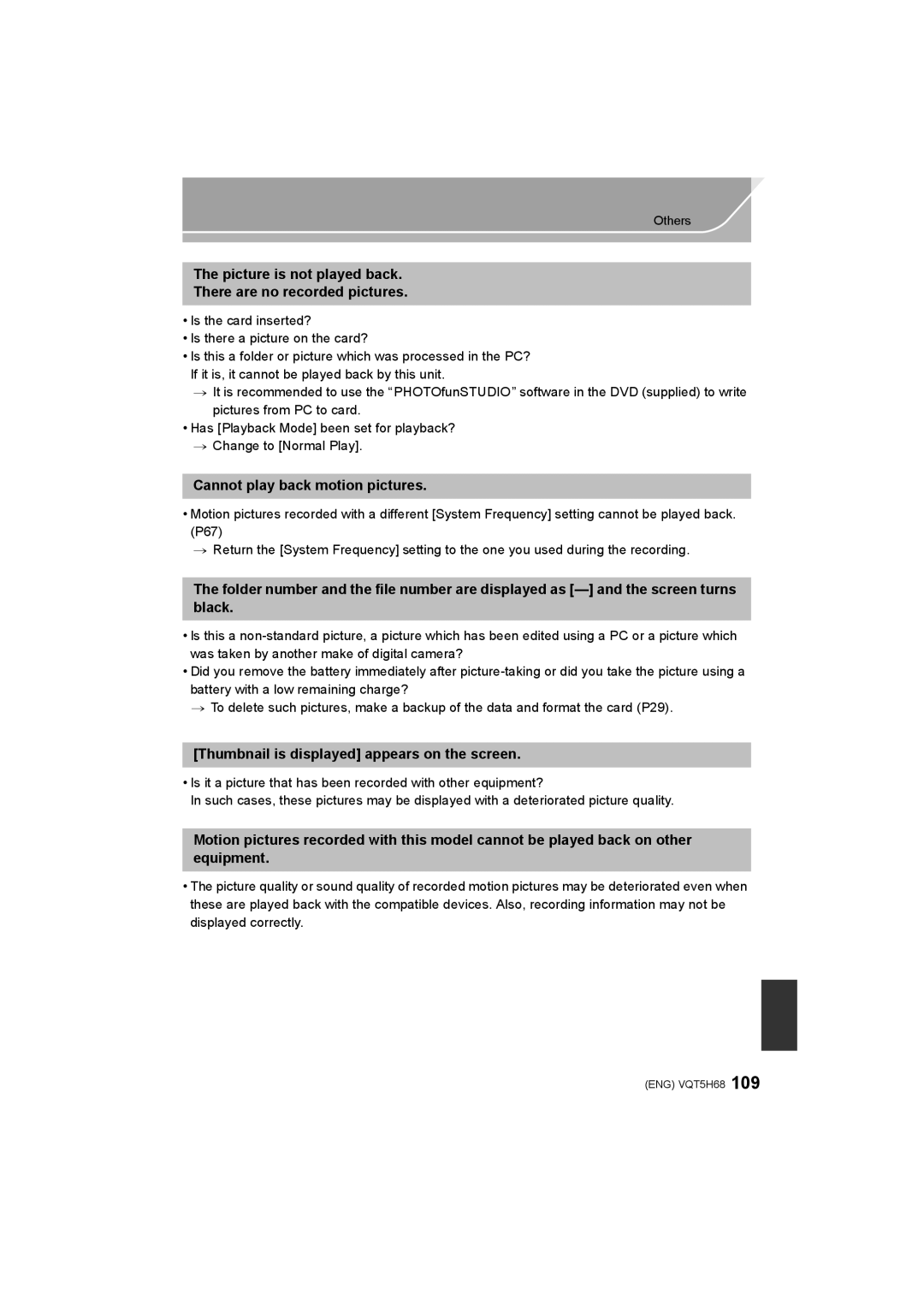 Panasonic DMC-GH4 owner manual Picture is not played back There are no recorded pictures, Cannot play back motion pictures 