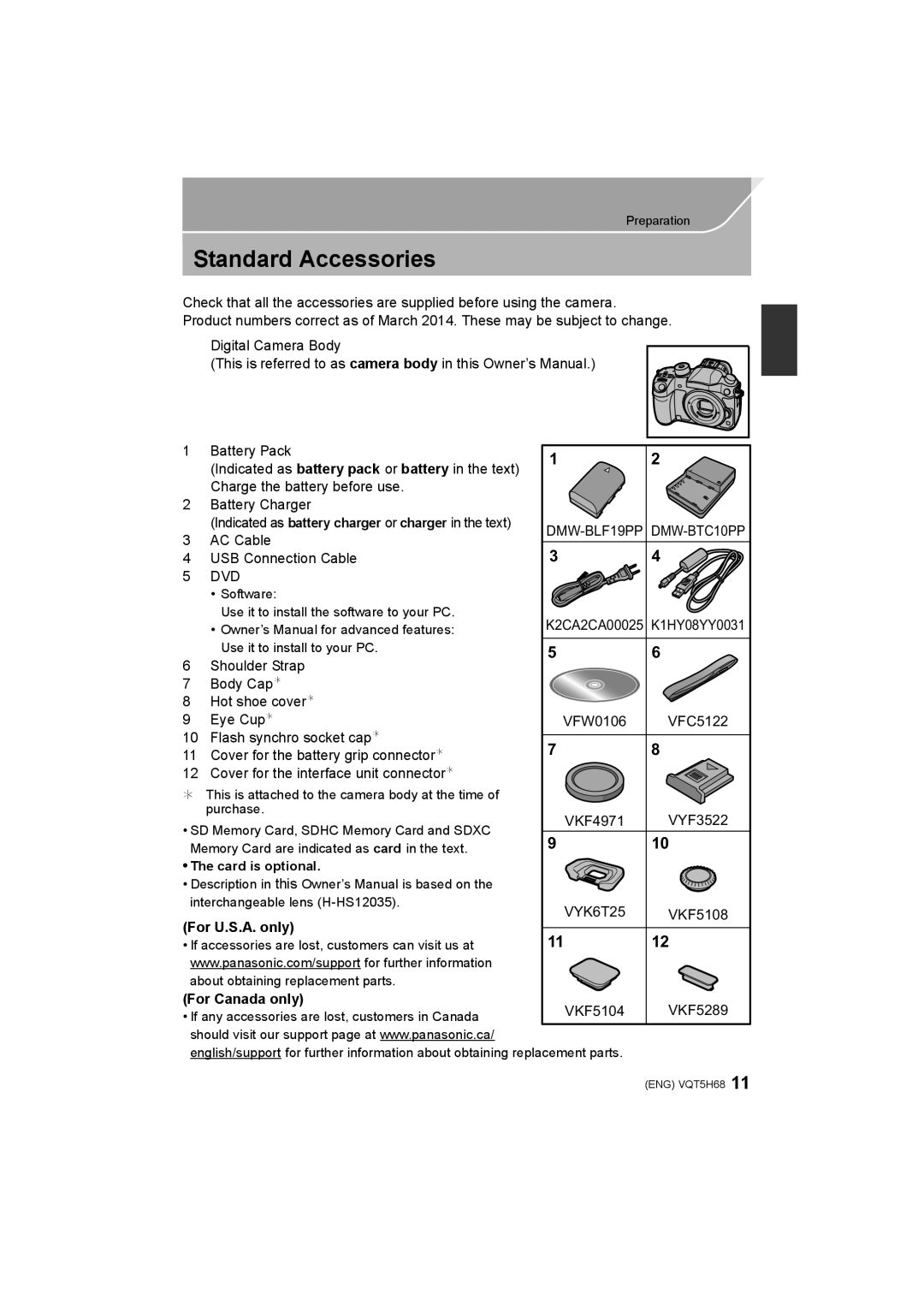 Panasonic DMC-GH4 owner manual Standard Accessories, For U.S.A. only, For Canada only 