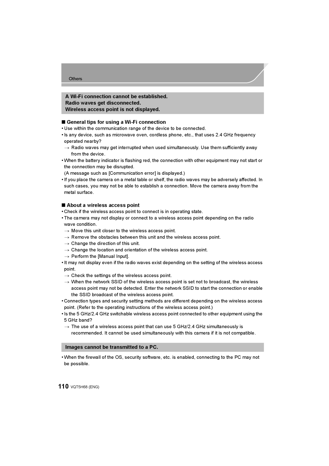 Panasonic DMC-GH4 owner manual About a wireless access point, Images cannot be transmitted to a PC 