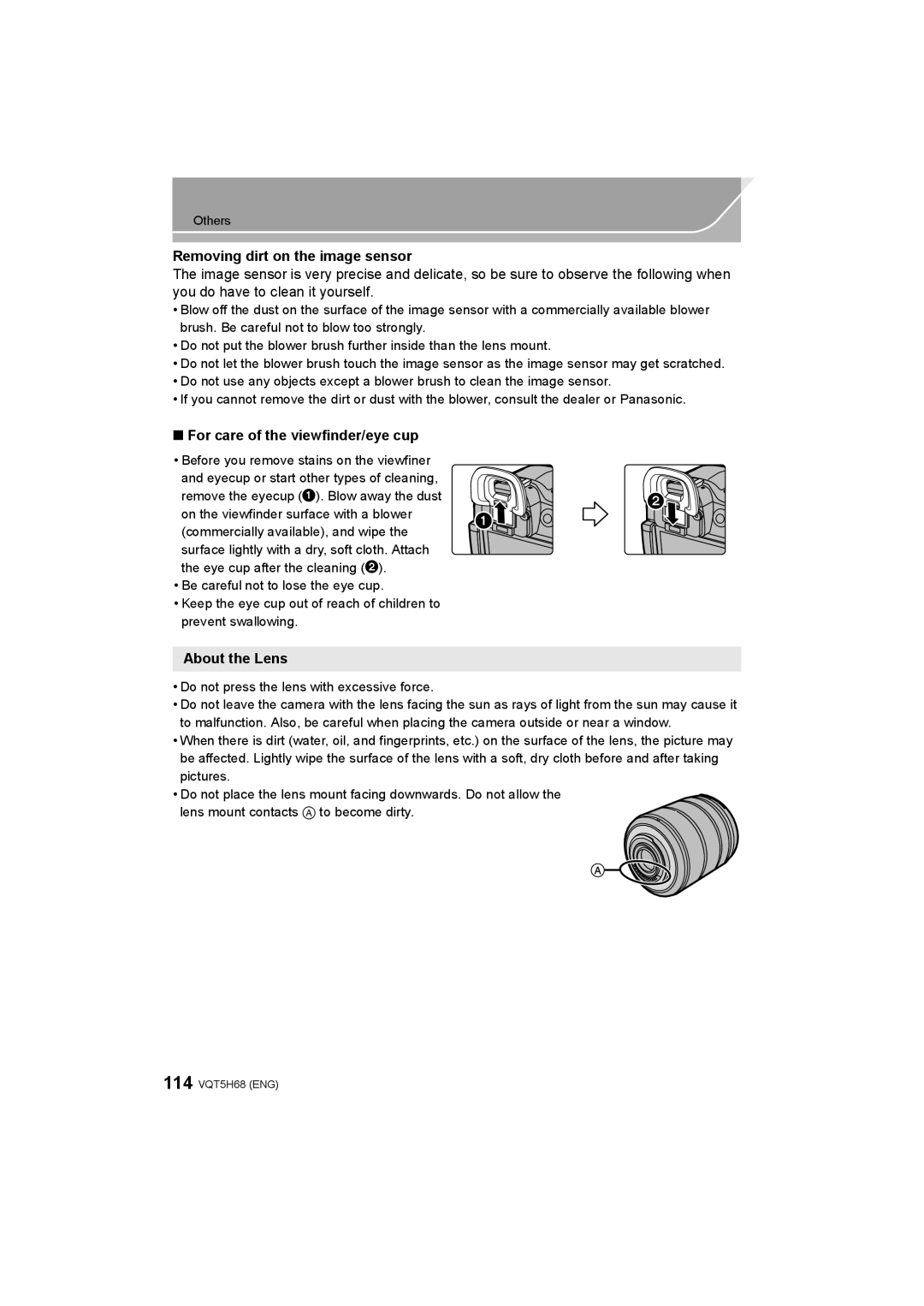 Panasonic DMC-GH4 owner manual Removing dirt on the image sensor, For care of the viewfinder/eye cup, About the Lens 