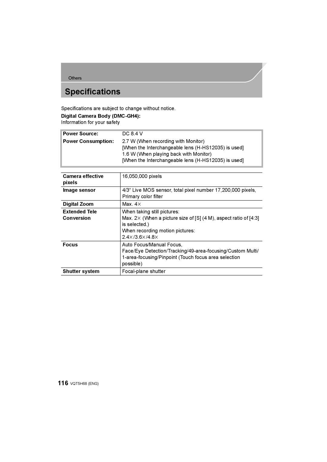 Panasonic DMC-GH4 owner manual Specifications 