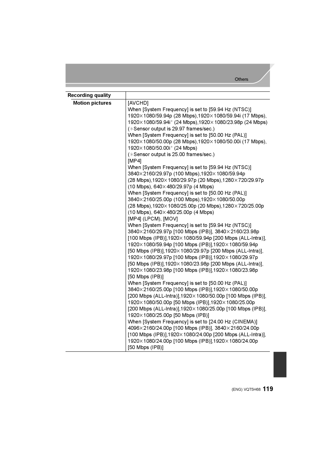 Panasonic DMC-GH4 owner manual Recording quality Motion pictures 