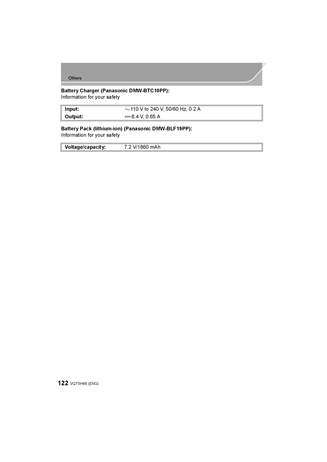 Panasonic DMC-GH4 owner manual Battery Charger Panasonic DMW-BTC10PP, Voltage/capacity V/1860 mAh 