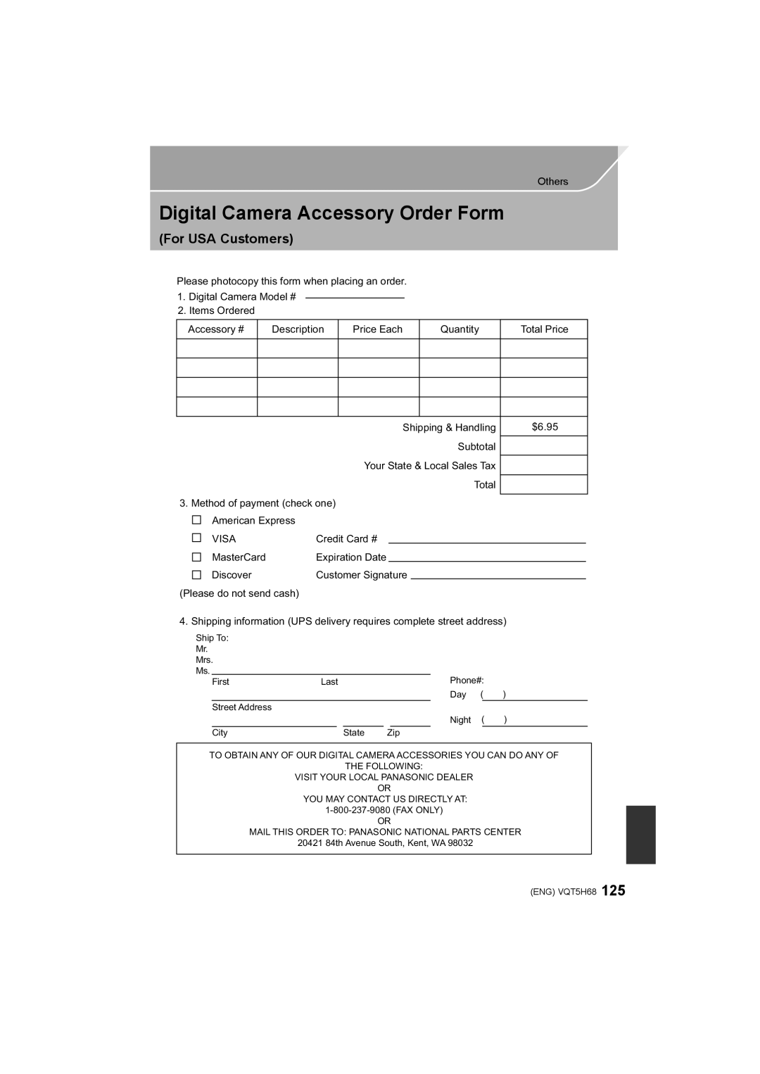 Panasonic DMC-GH4 owner manual Digital Camera Accessory Order Form, For USA Customers 