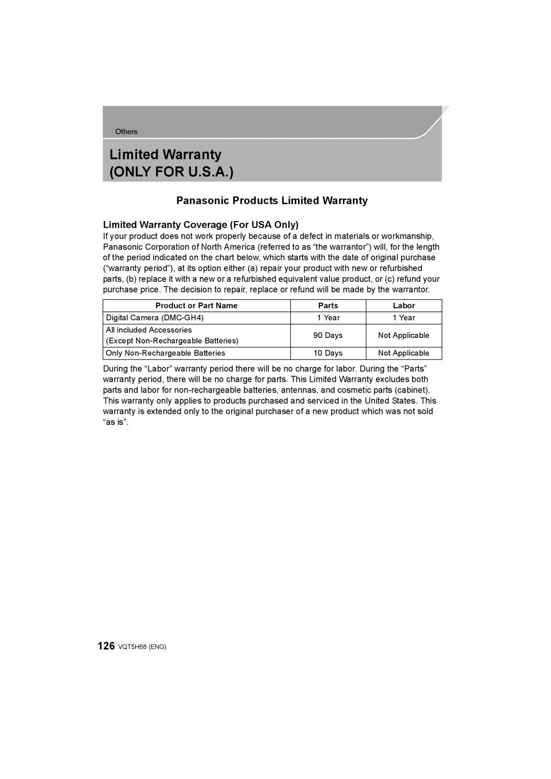 Panasonic DMC-GH4 owner manual Limited Warranty only for U.S.A, Limited Warranty Coverage For USA Only 