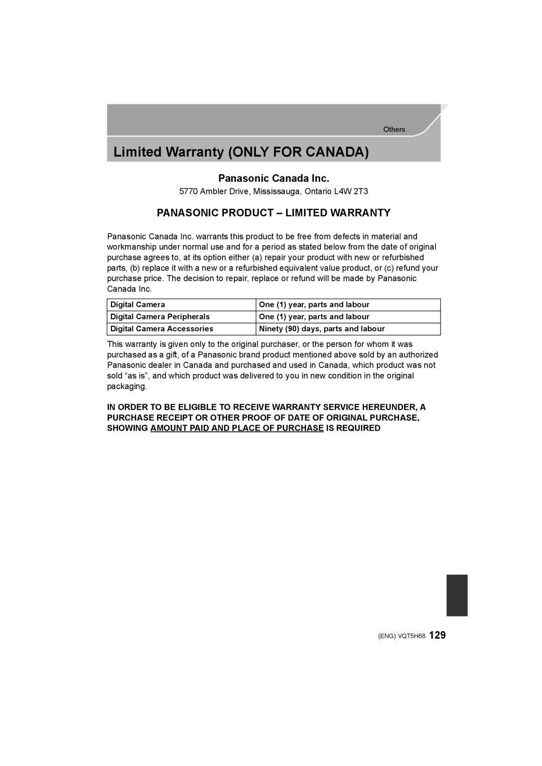 Panasonic DMC-GH4 owner manual Limited Warranty only for Canada, Ambler Drive, Mississauga, Ontario L4W 2T3 