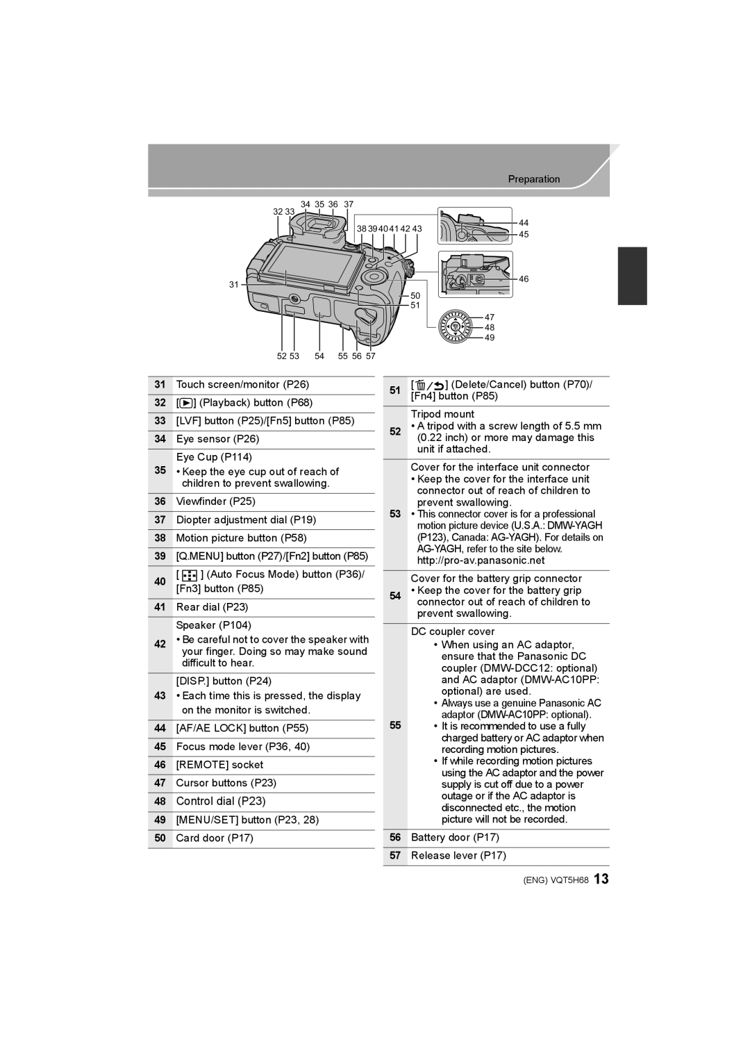 Panasonic DMC-GH4 owner manual Control dial P23, Prevent swallowing, Battery door P17 Release lever P17 