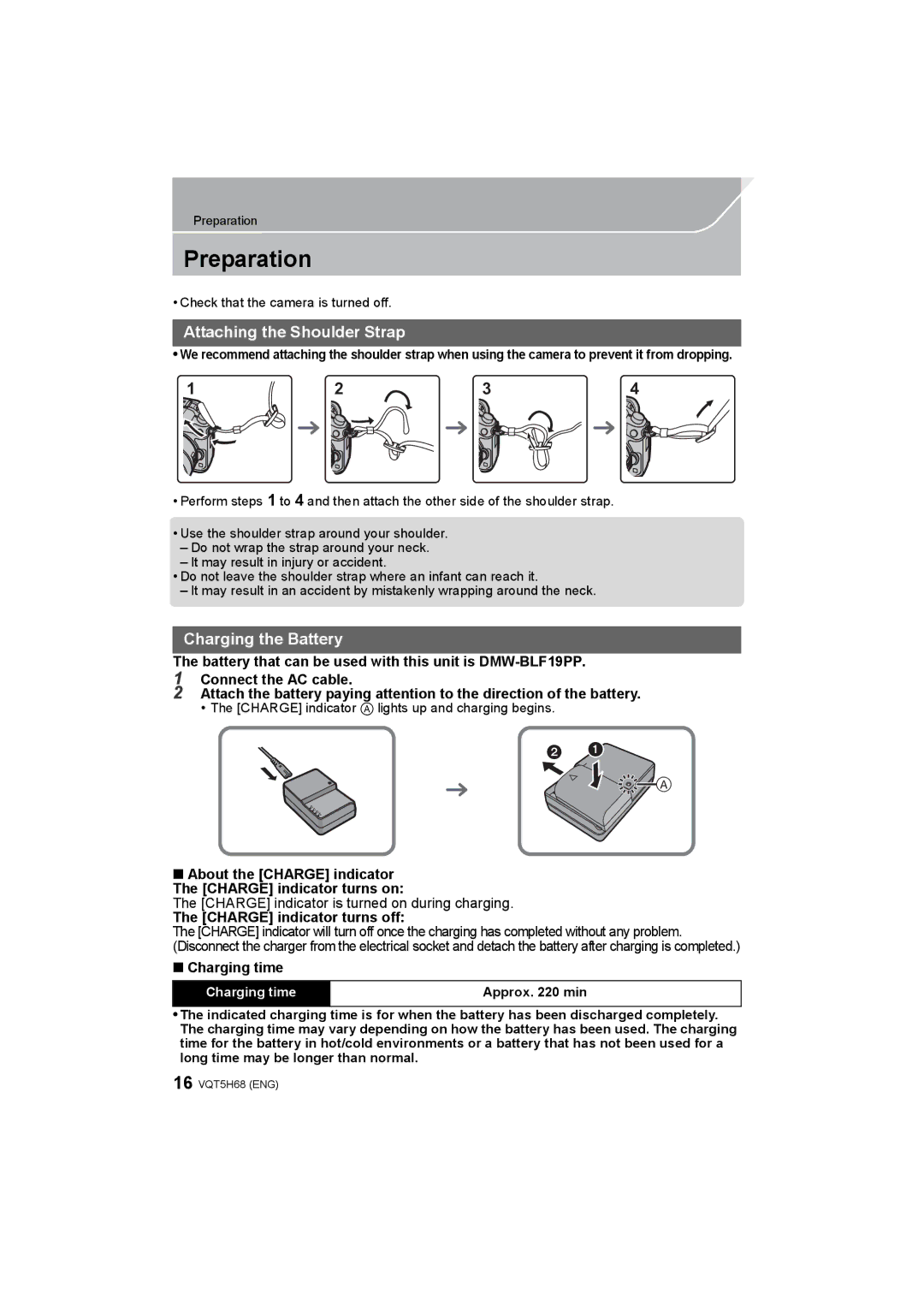 Panasonic DMC-GH4 owner manual Preparation, Attaching the Shoulder Strap, Charging the Battery, Charge indicator turns off 