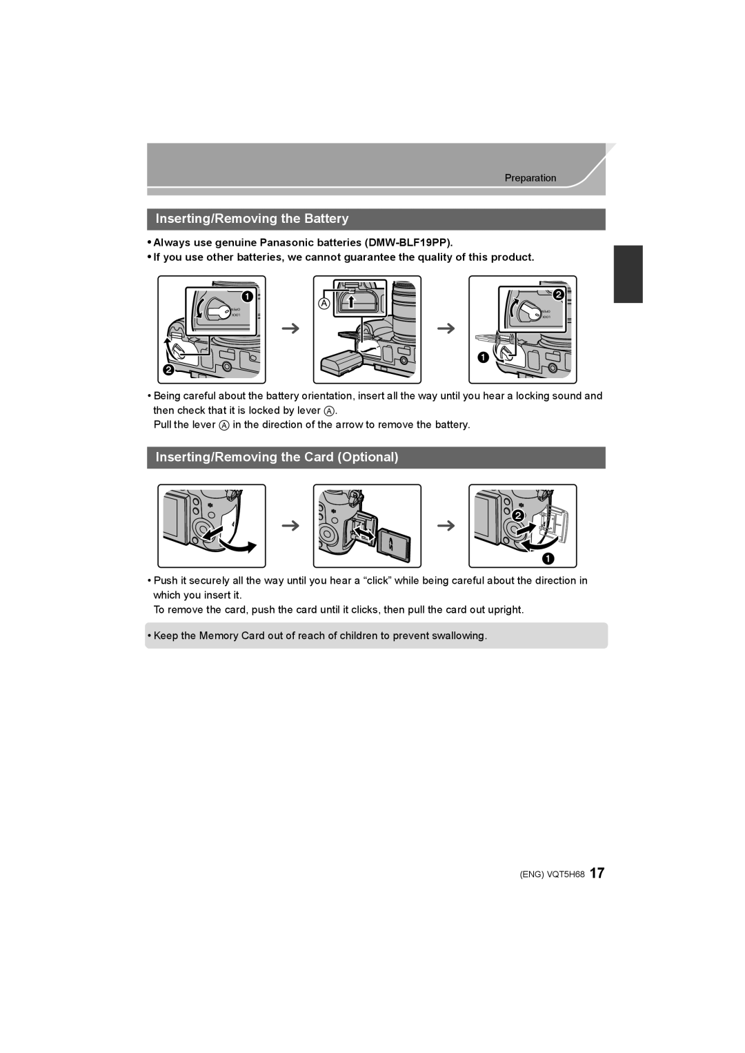 Panasonic DMC-GH4 owner manual Inserting/Removing the Battery, Inserting/Removing the Card Optional 