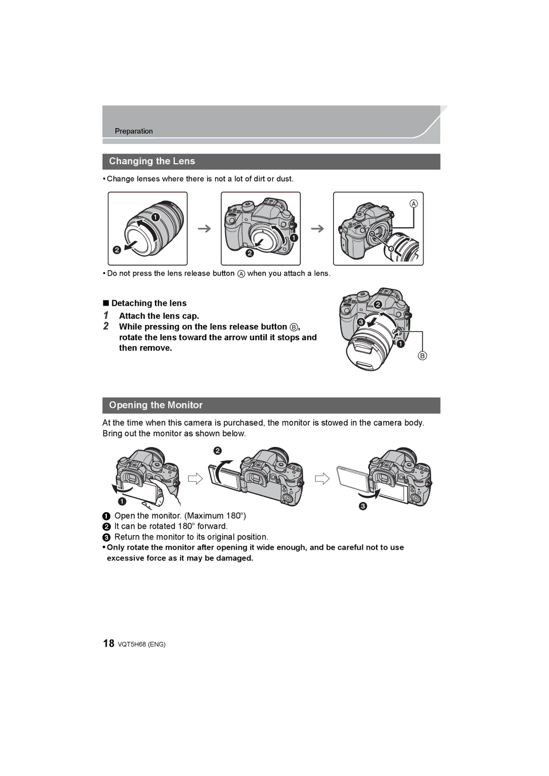 Panasonic DMC-GH4 owner manual Changing the Lens, Opening the Monitor 