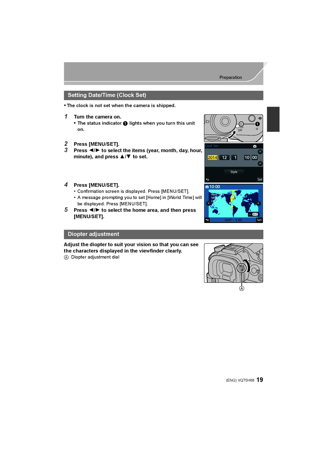 Panasonic DMC-GH4 owner manual Setting Date/Time Clock Set, Diopter adjustment, Turn the camera on 