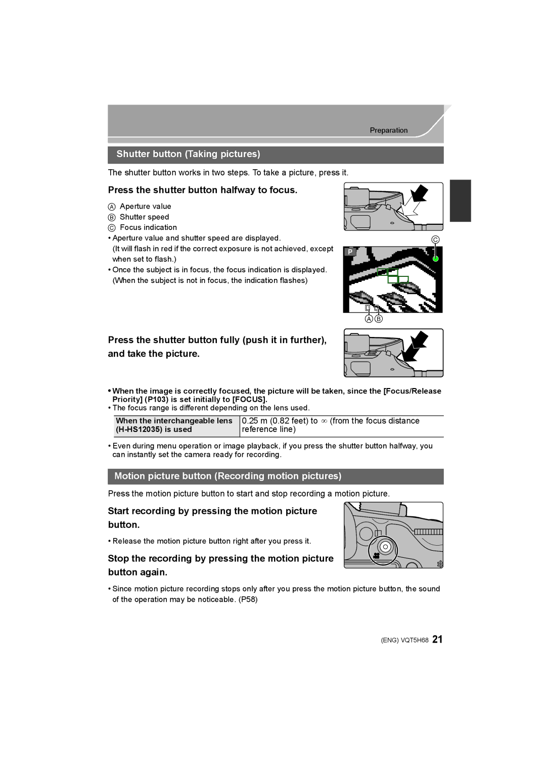 Panasonic DMC-GH4 owner manual Shutter button Taking pictures, Press the shutter button halfway to focus 