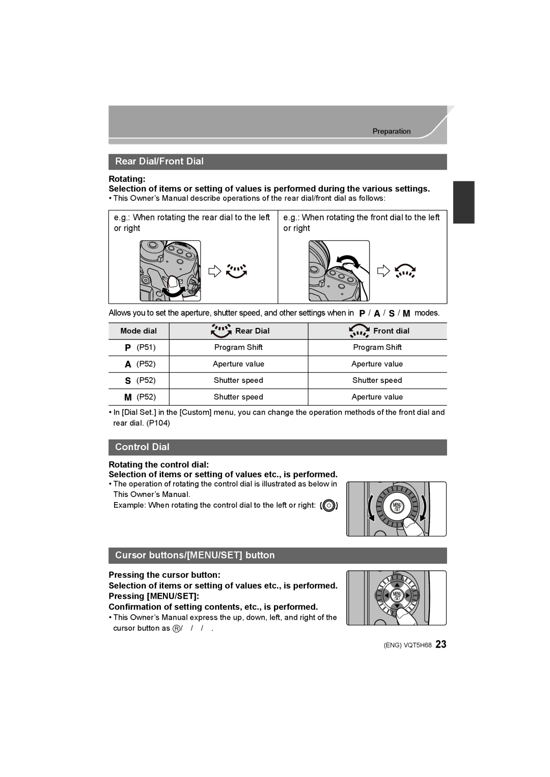 Panasonic DMC-GH4 owner manual Rear Dial/Front Dial, Control Dial, Cursor buttons/MENU/SET button, Mode dial Rear Dial 