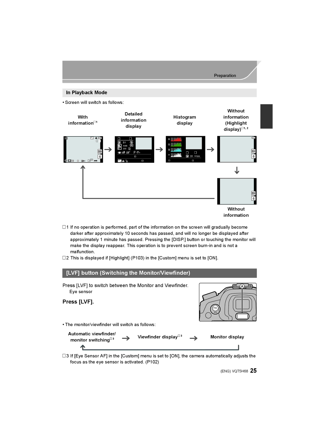 Panasonic DMC-GH4 owner manual LVF button Switching the Monitor/Viewfinder, Press LVF, Playback Mode 