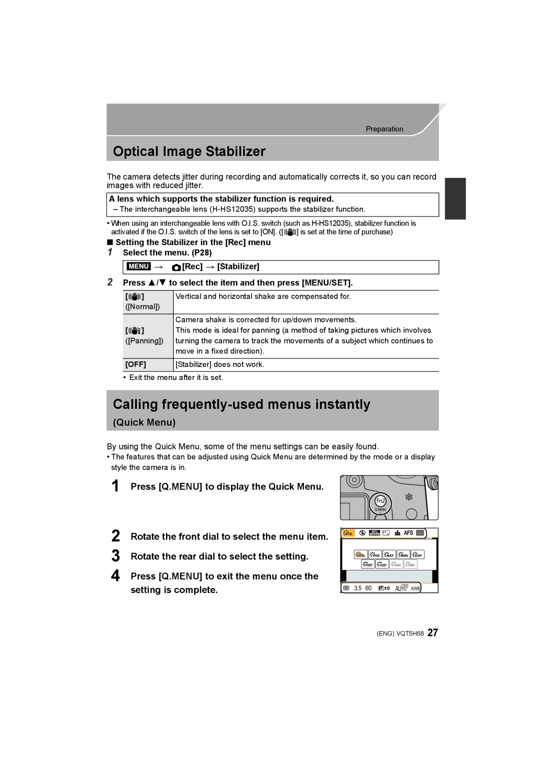 Panasonic DMC-GH4 owner manual Optical Image Stabilizer, Calling frequently-used menus instantly, Quick Menu, Off 