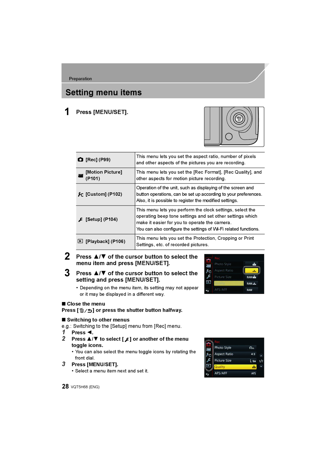 Panasonic DMC-GH4 owner manual Setting menu items, Press MENU/SET, Press 3/ 4 of the cursor button to select 