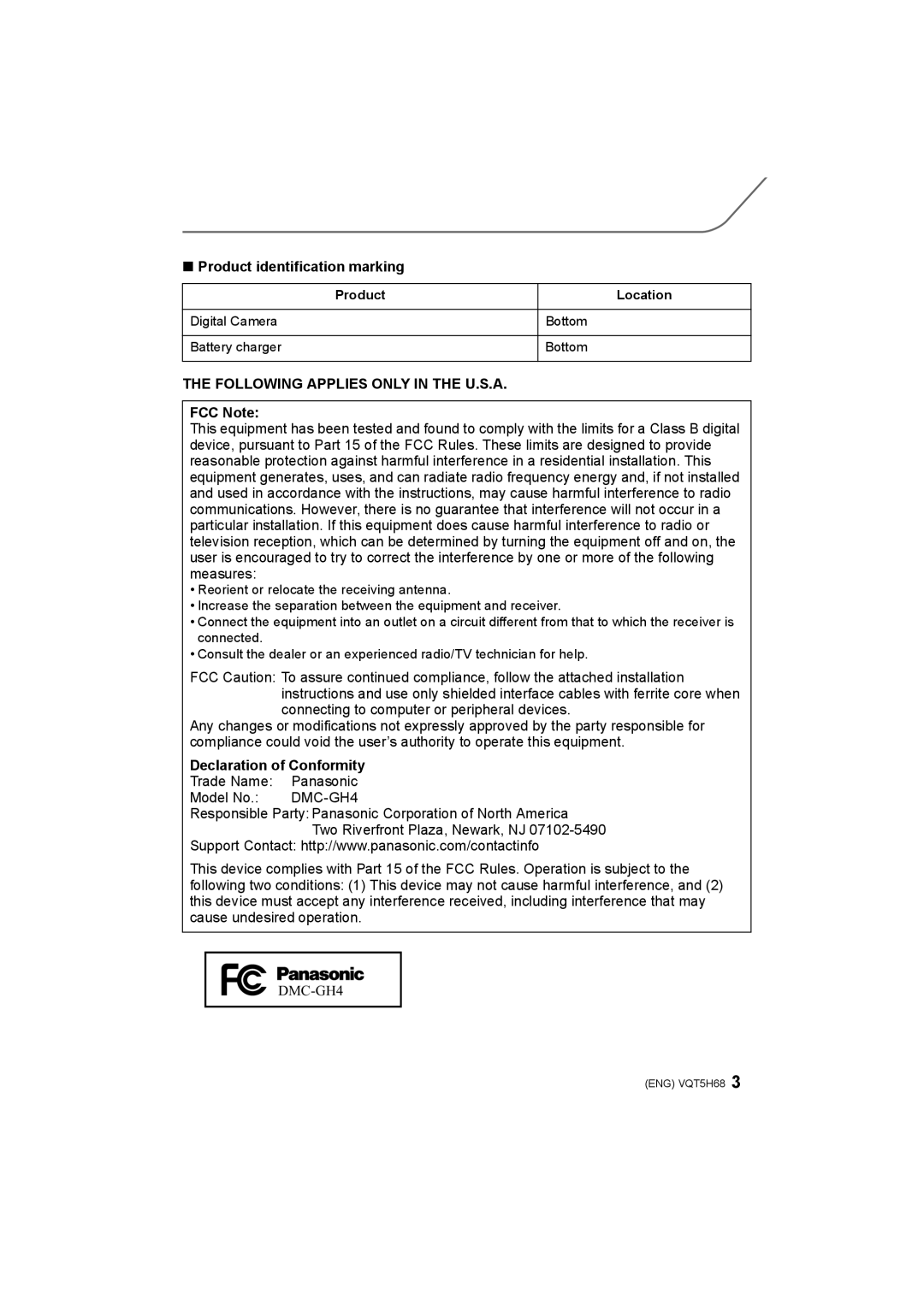 Panasonic DMC-GH4 owner manual Product identification marking, FCC Note, Declaration of Conformity, Product Location 