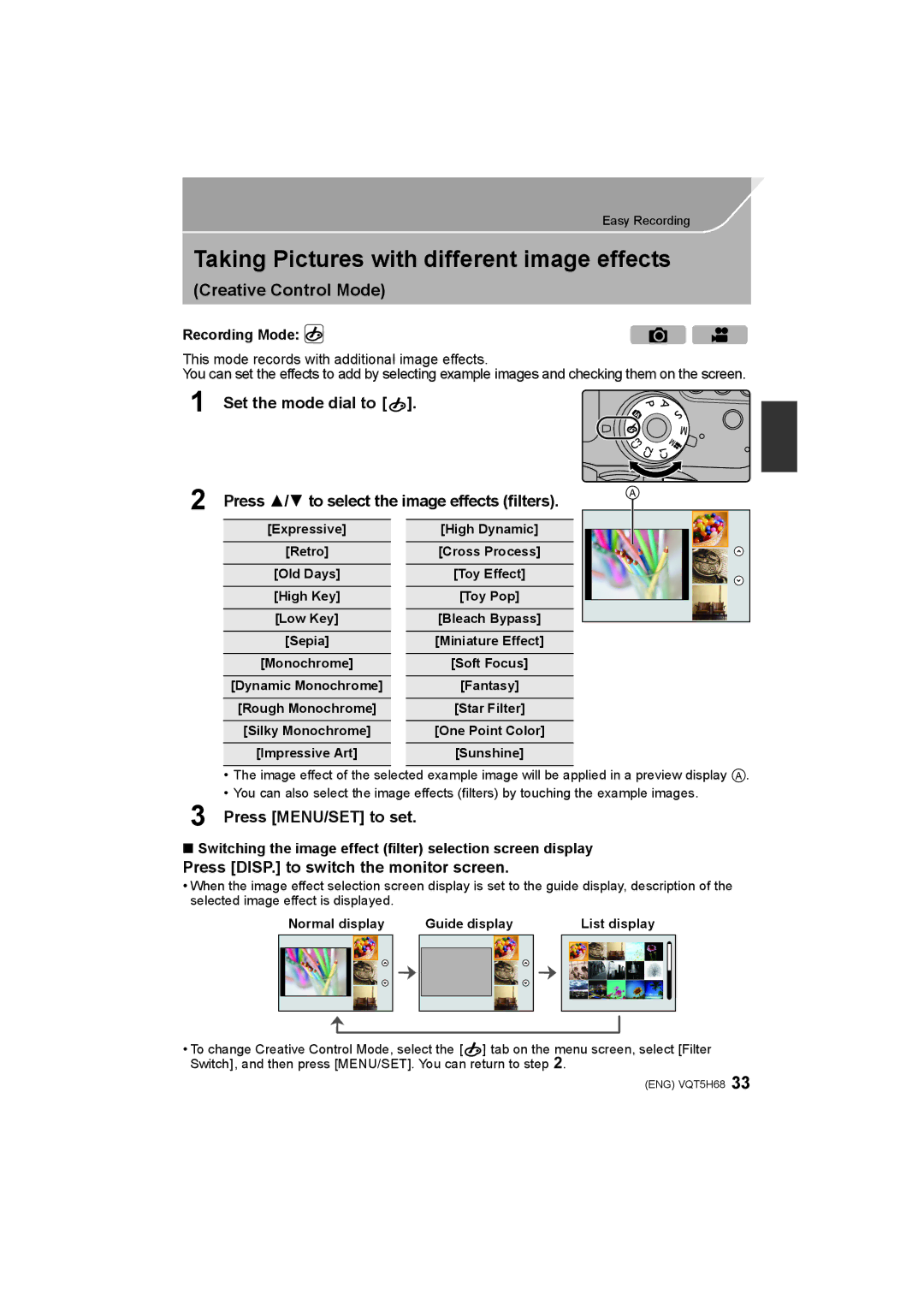 Panasonic DMC-GH4 owner manual Taking Pictures with different image effects, Creative Control Mode, Press MENU/SET to set 