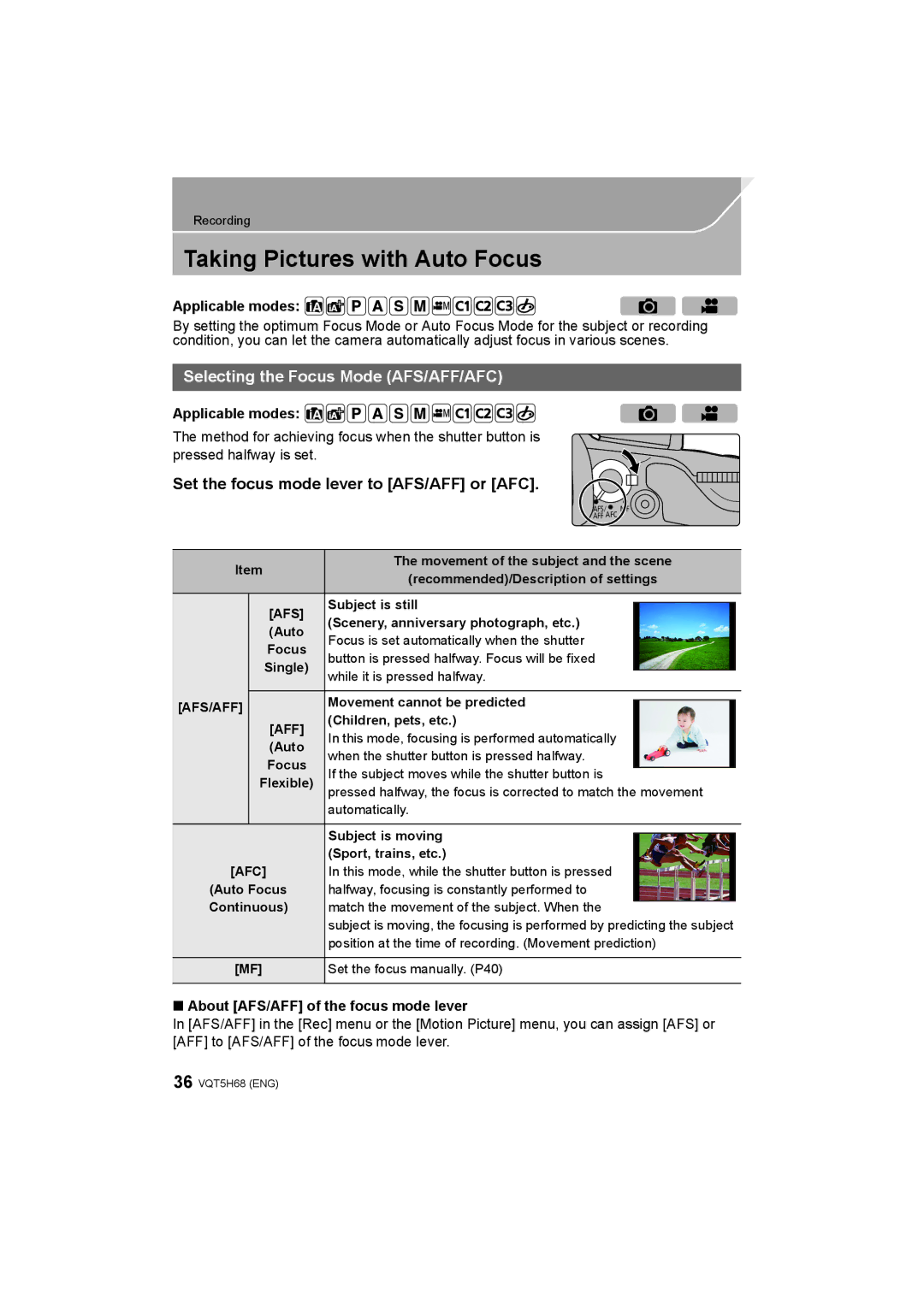 Panasonic DMC-GH4 owner manual Taking Pictures with Auto Focus, Selecting the Focus Mode AFS/AFF/AFC 