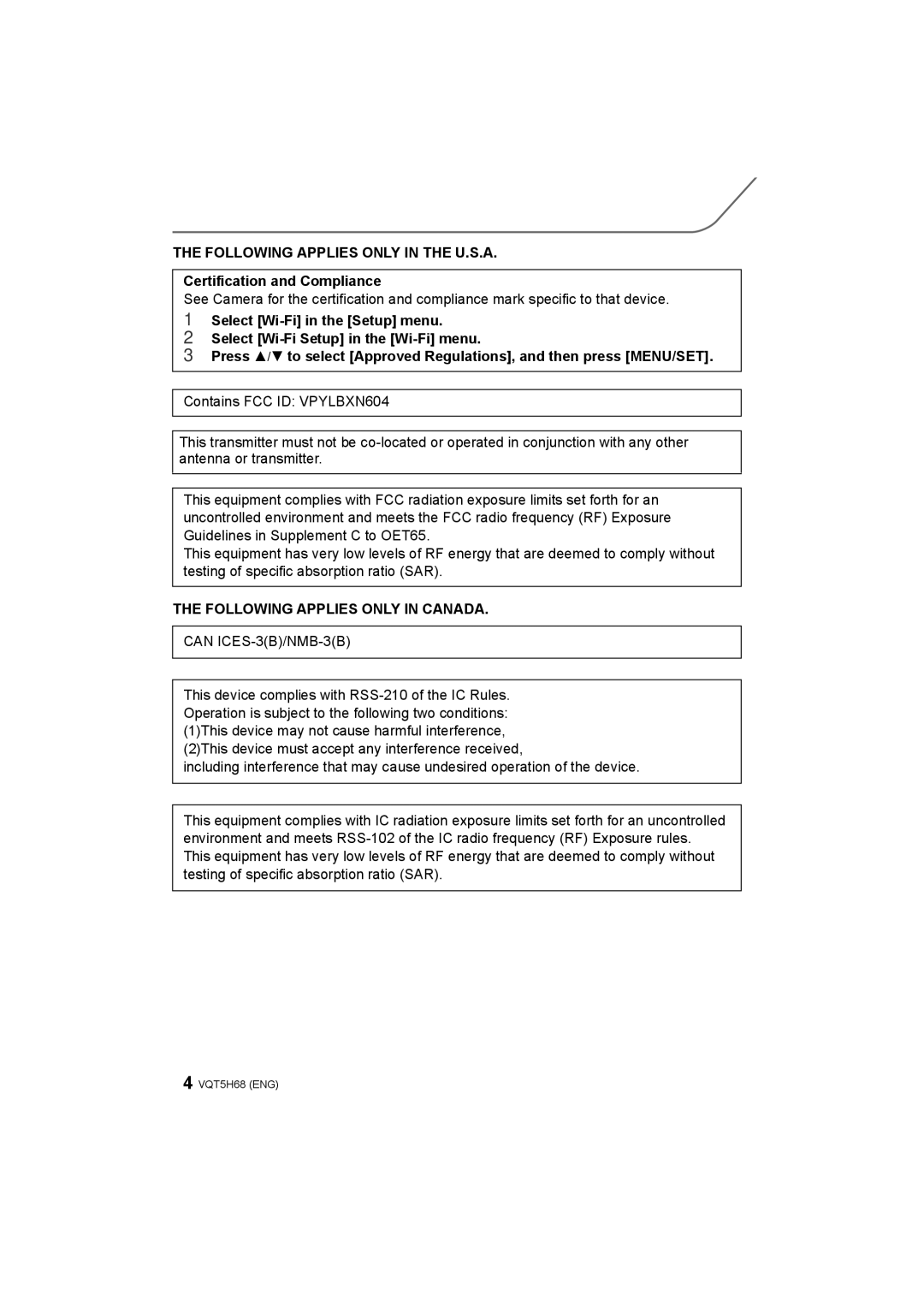 Panasonic DMC-GH4 owner manual Certification and Compliance, Following Applies only in Canada 