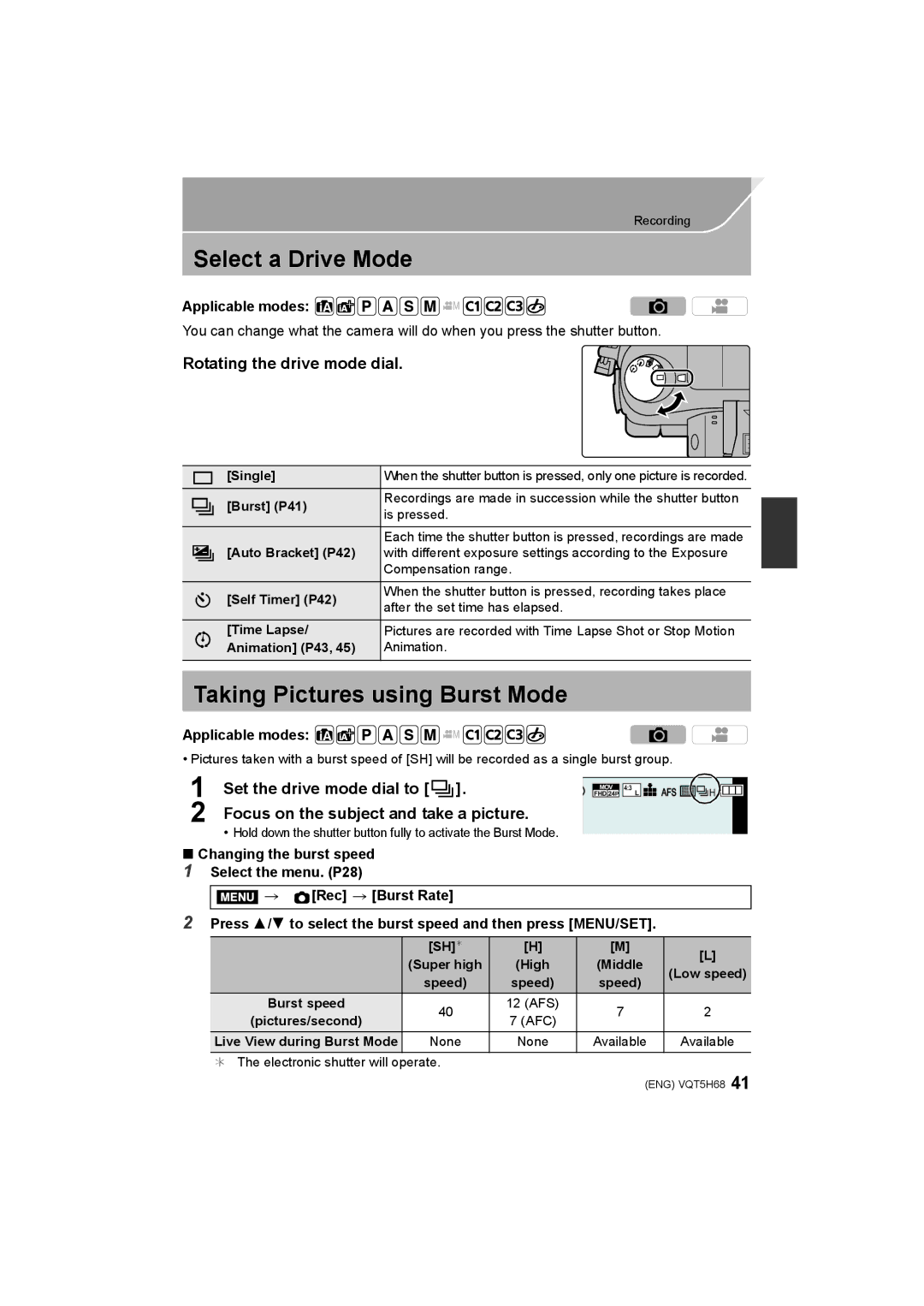 Panasonic DMC-GH4 owner manual Select a Drive Mode, Taking Pictures using Burst Mode, Rotating the drive mode dial 