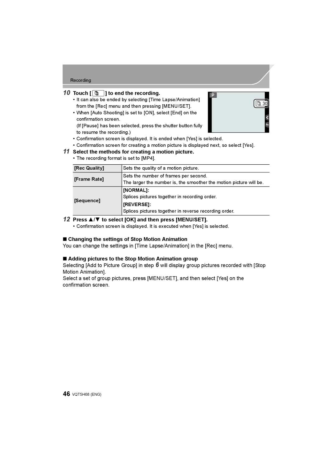 Panasonic DMC-GH4 owner manual Touch To end the recording, Press 3/4 to select OK and then press MENU/SET 