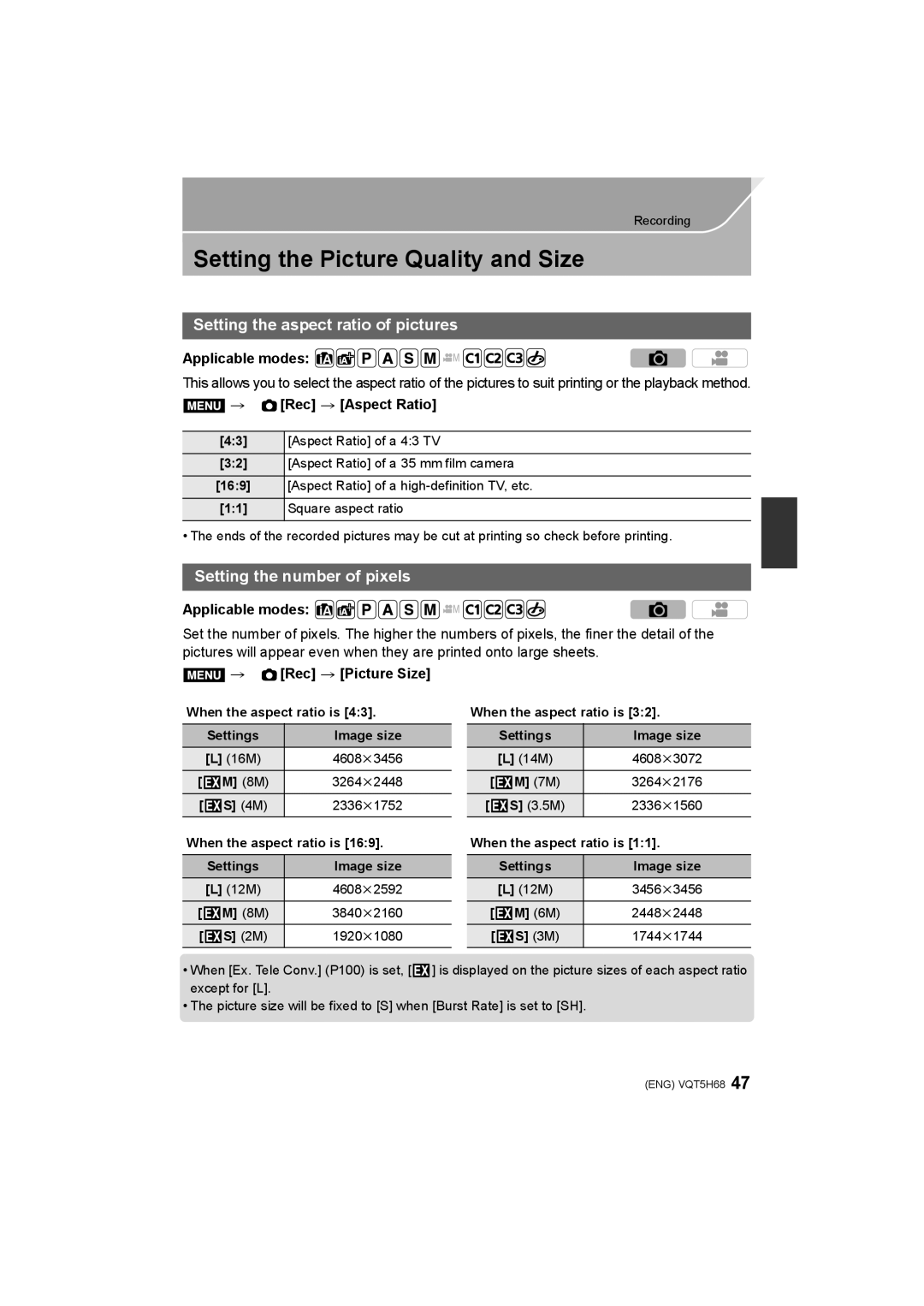 Panasonic DMC-GH4 Setting the Picture Quality and Size, Setting the aspect ratio of pictures, Setting the number of pixels 