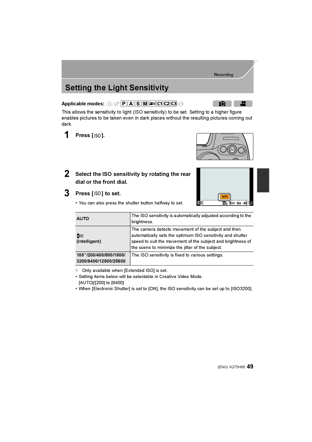 Panasonic DMC-GH4 owner manual Setting the Light Sensitivity, Auto 