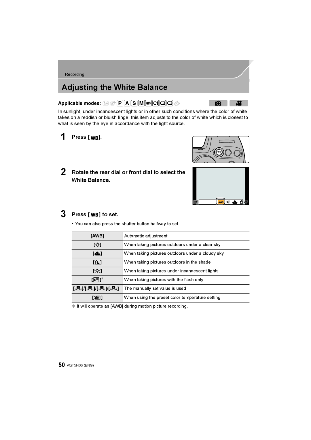 Panasonic DMC-GH4 owner manual Adjusting the White Balance, Awb 